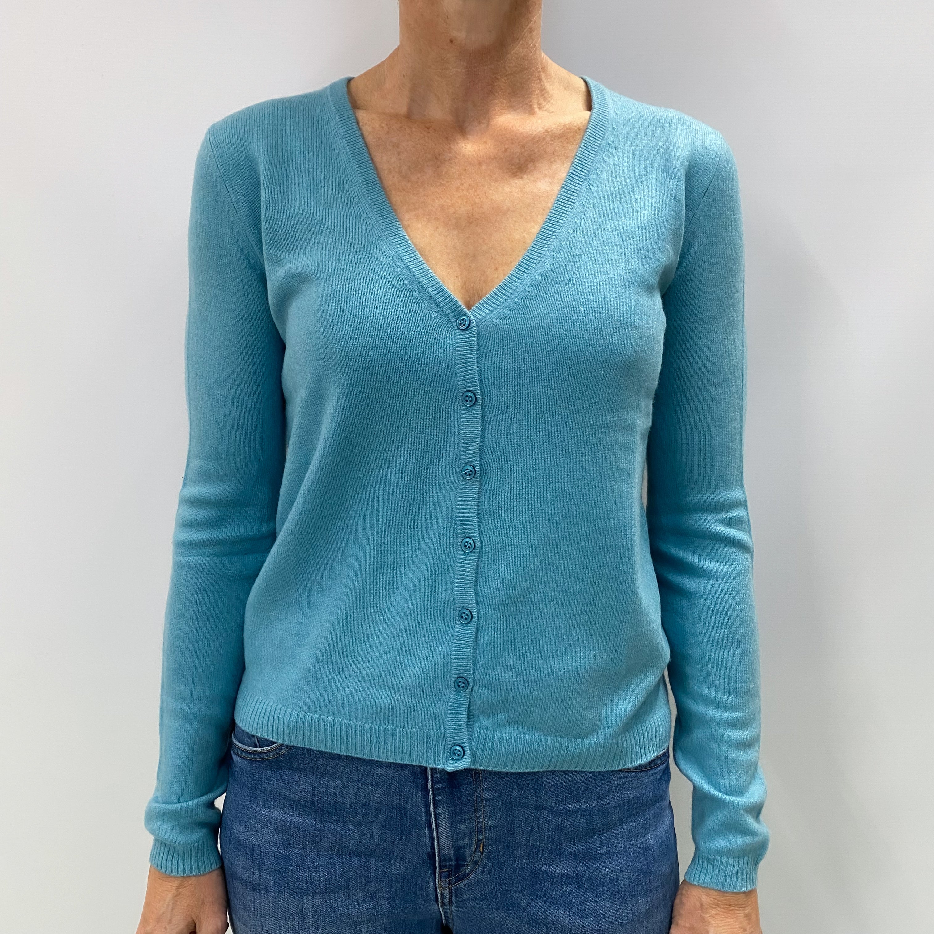 Mediterranean Blue Cashmere V Neck Cardigan Small