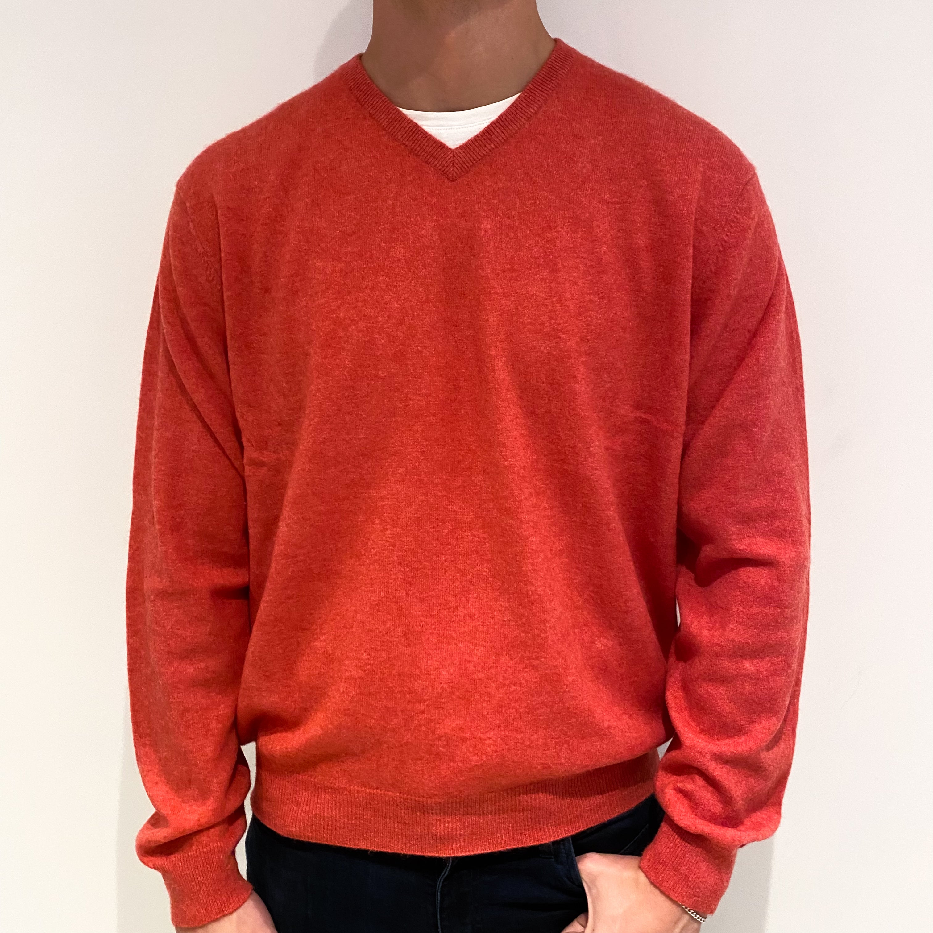 Men's Deep Coral Pink Cashmere V-Neck Jumper Extra Extra Large