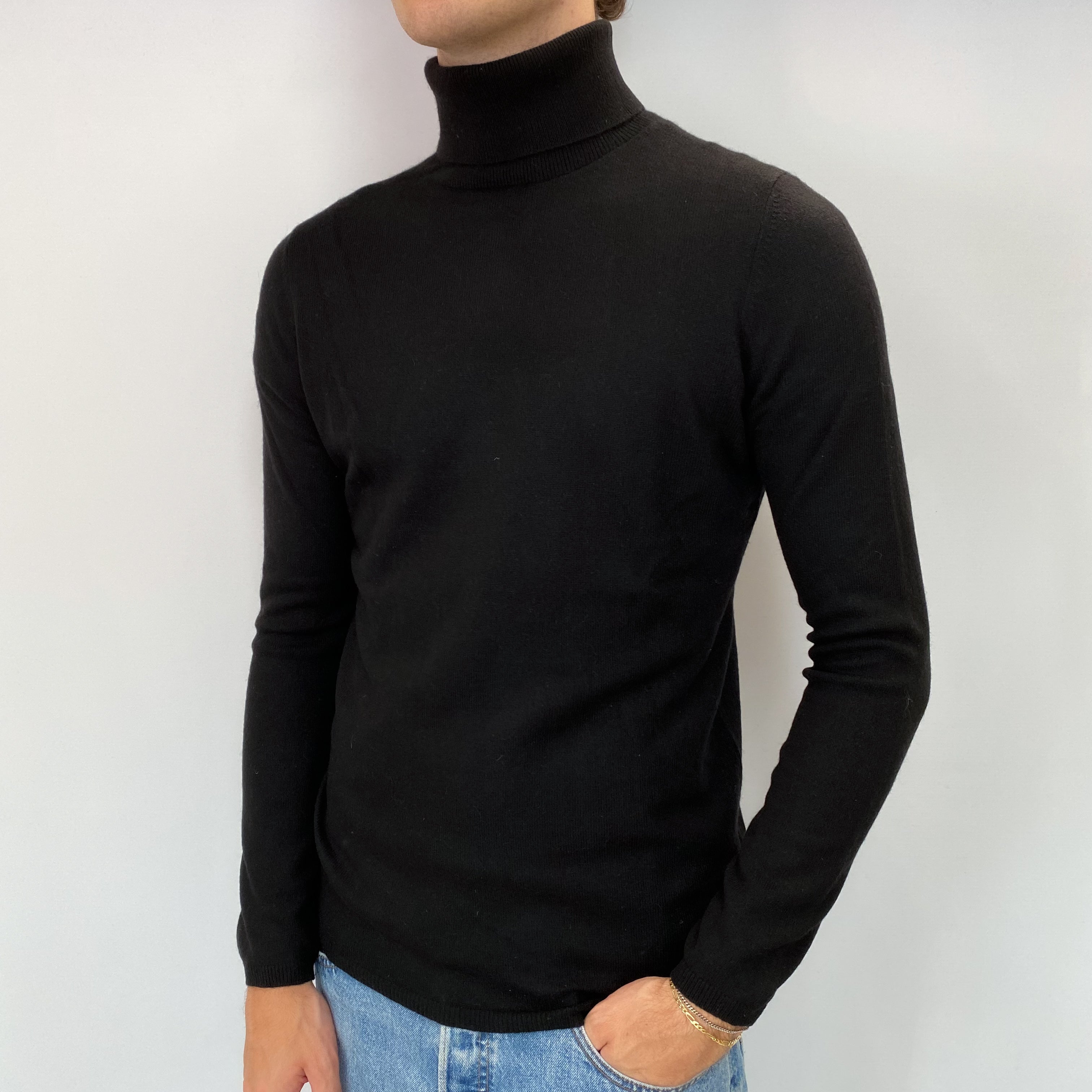 Men's Black Cashmere Polo Neck Jumper Medium