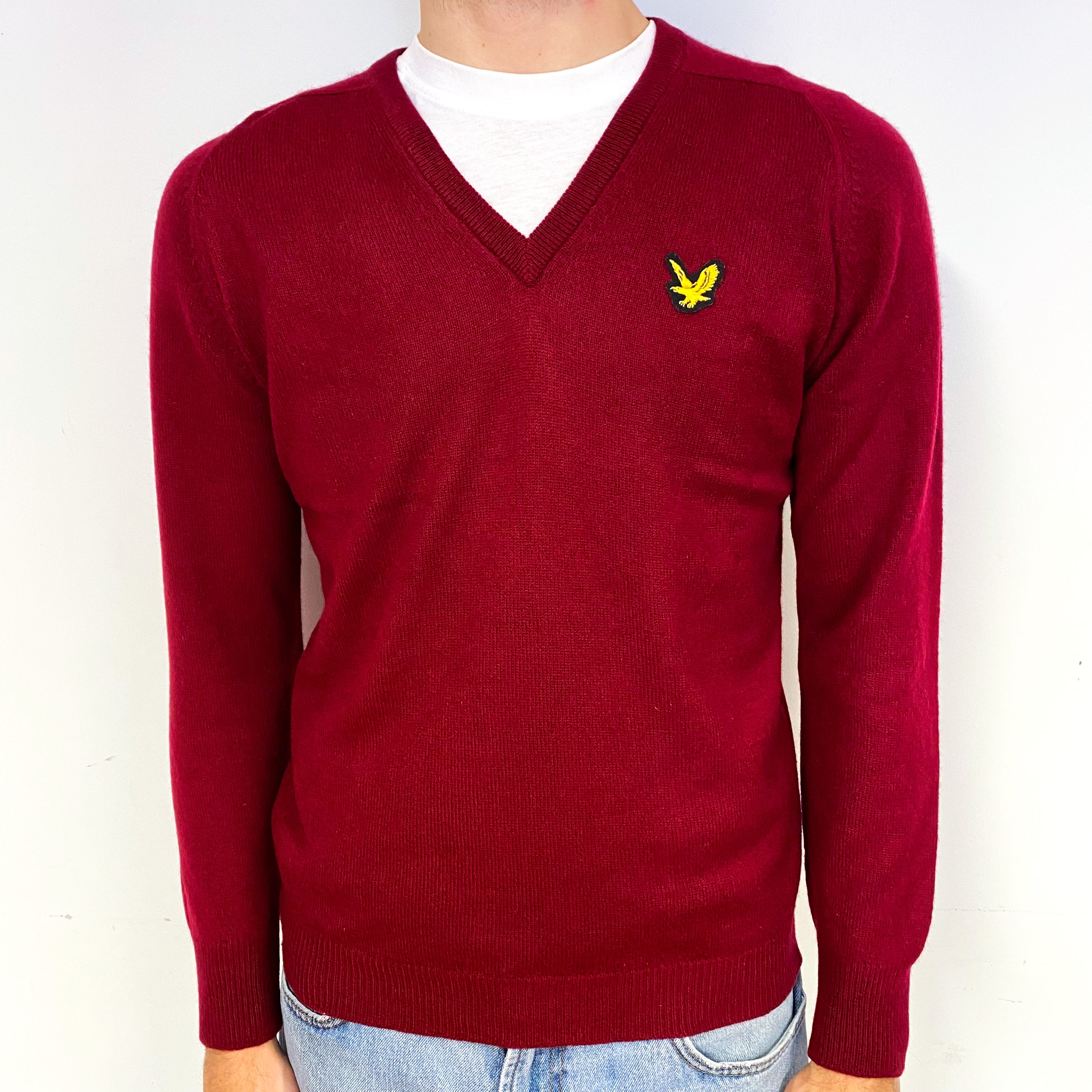 Men's Vintage Scottish Burgundy Red Cashmere V-Neck Jumper Medium