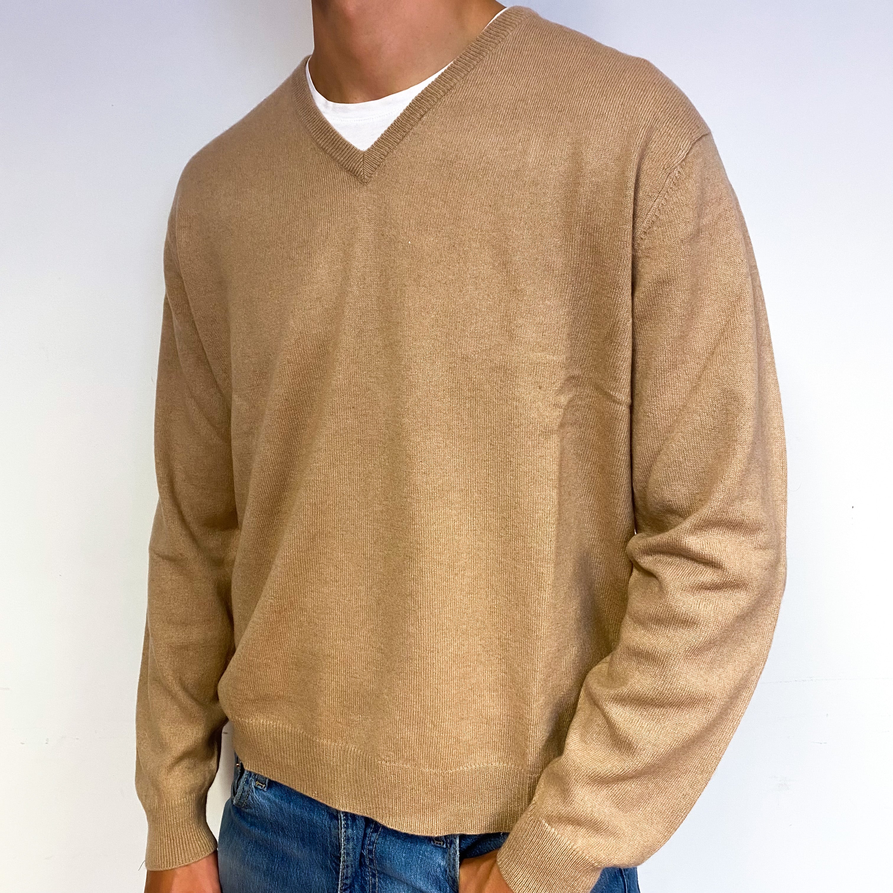 Men's Butterscotch Brown Cashmere V-Neck Jumper Extra Large