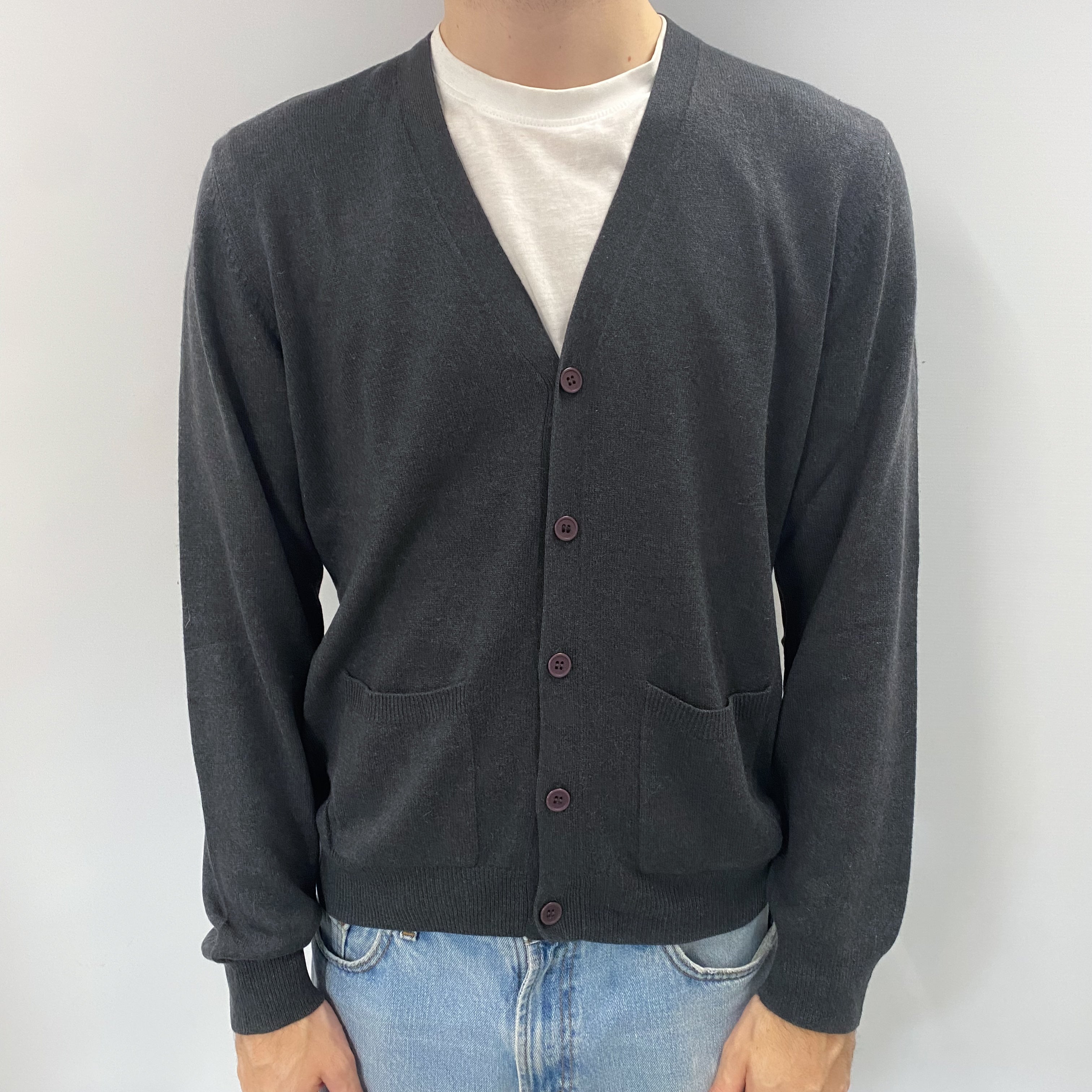 Men's Slate Grey Cashmere V Neck Cardigan with Pockets Medium