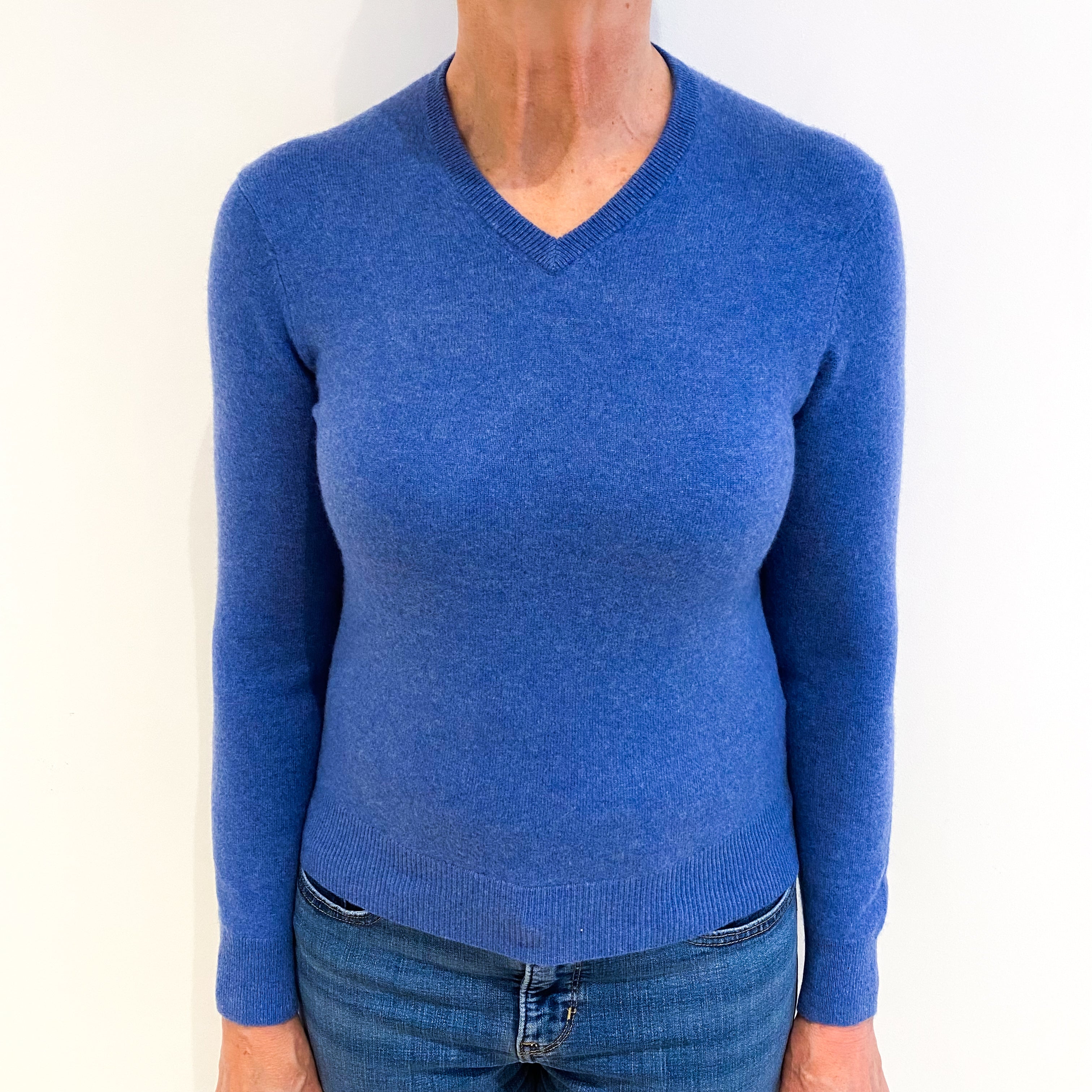 Tanzanite Blue Cashmere V Neck Jumper Medium