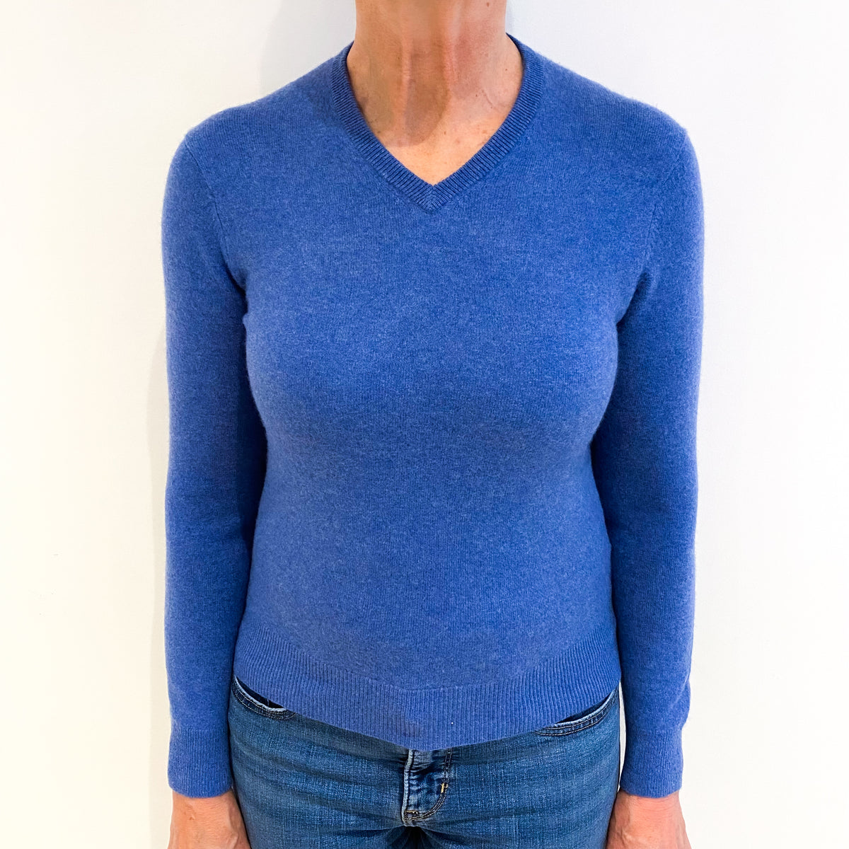 Tanzanite Blue Cashmere V Neck Jumper Medium