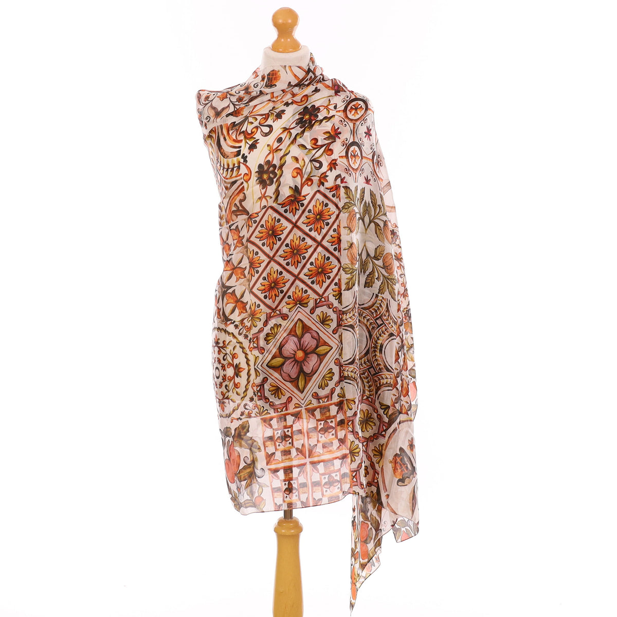 Brand New Ivory and Rust Floral Silk Wrap