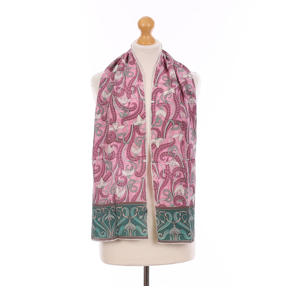Brand New Pink and Green Snowdrop Silk Scarf
