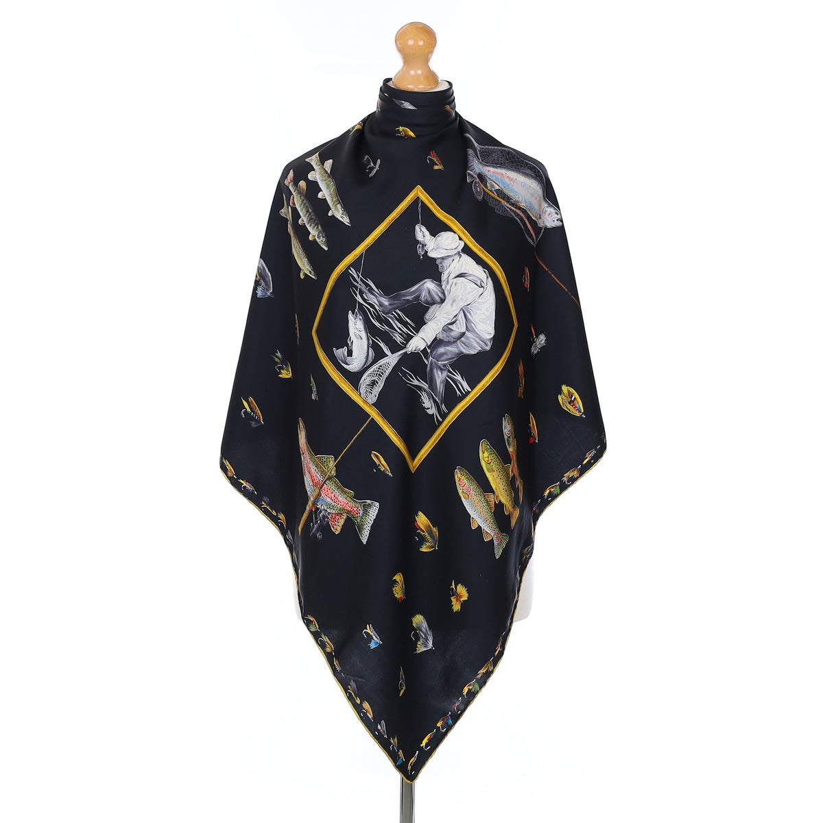 Pristine Black Fly Fishing Vintage Silk Scarf