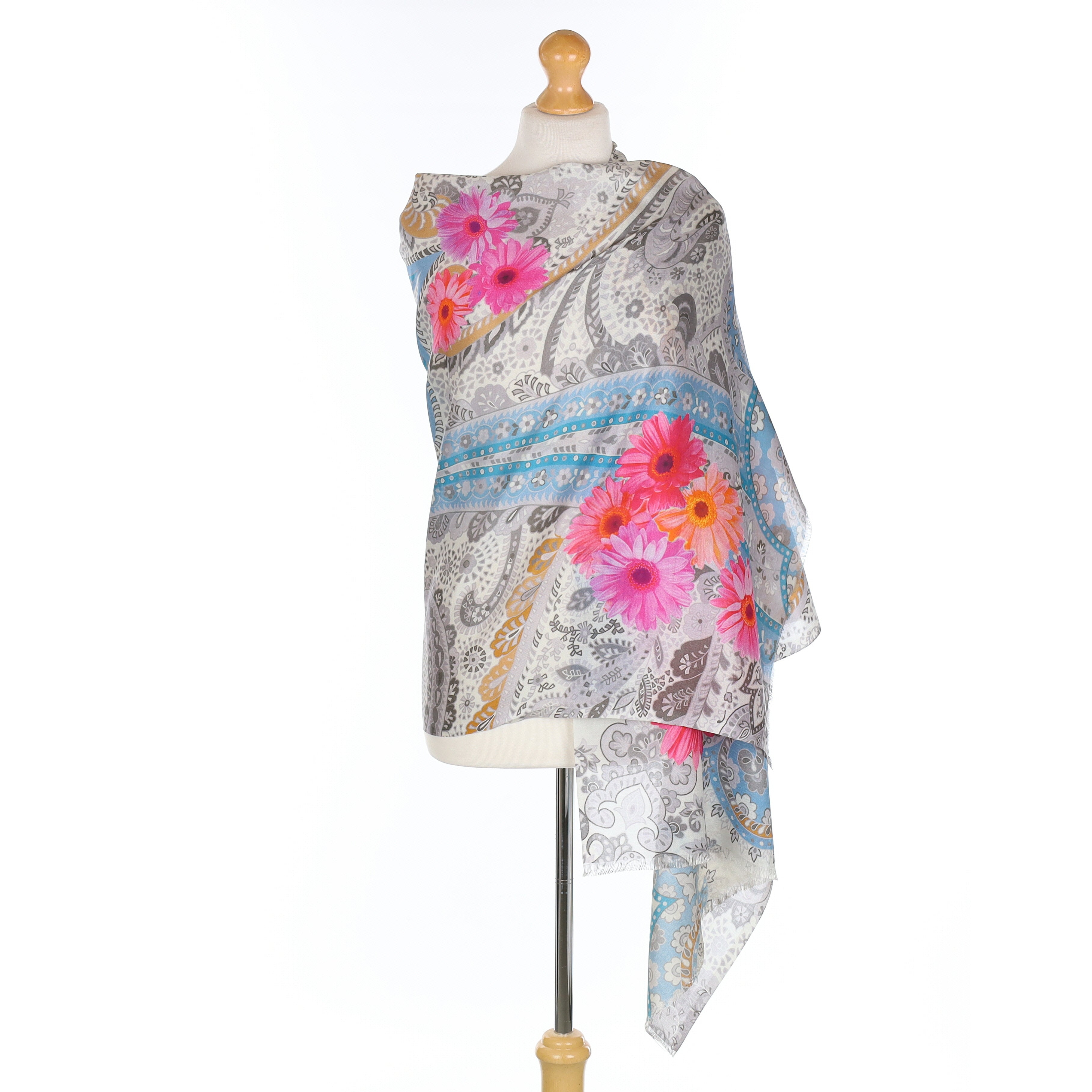 Pristine Grey and Pink Floral Silk Wrap