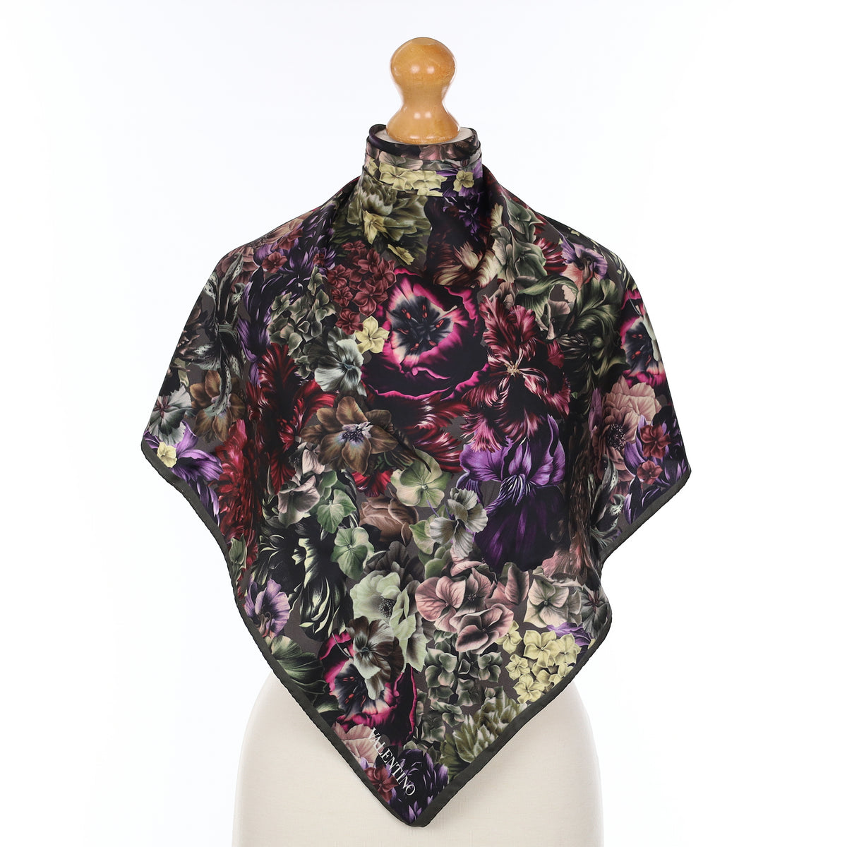 Pristine Valentino Green and Purple Floral Silk Scarf