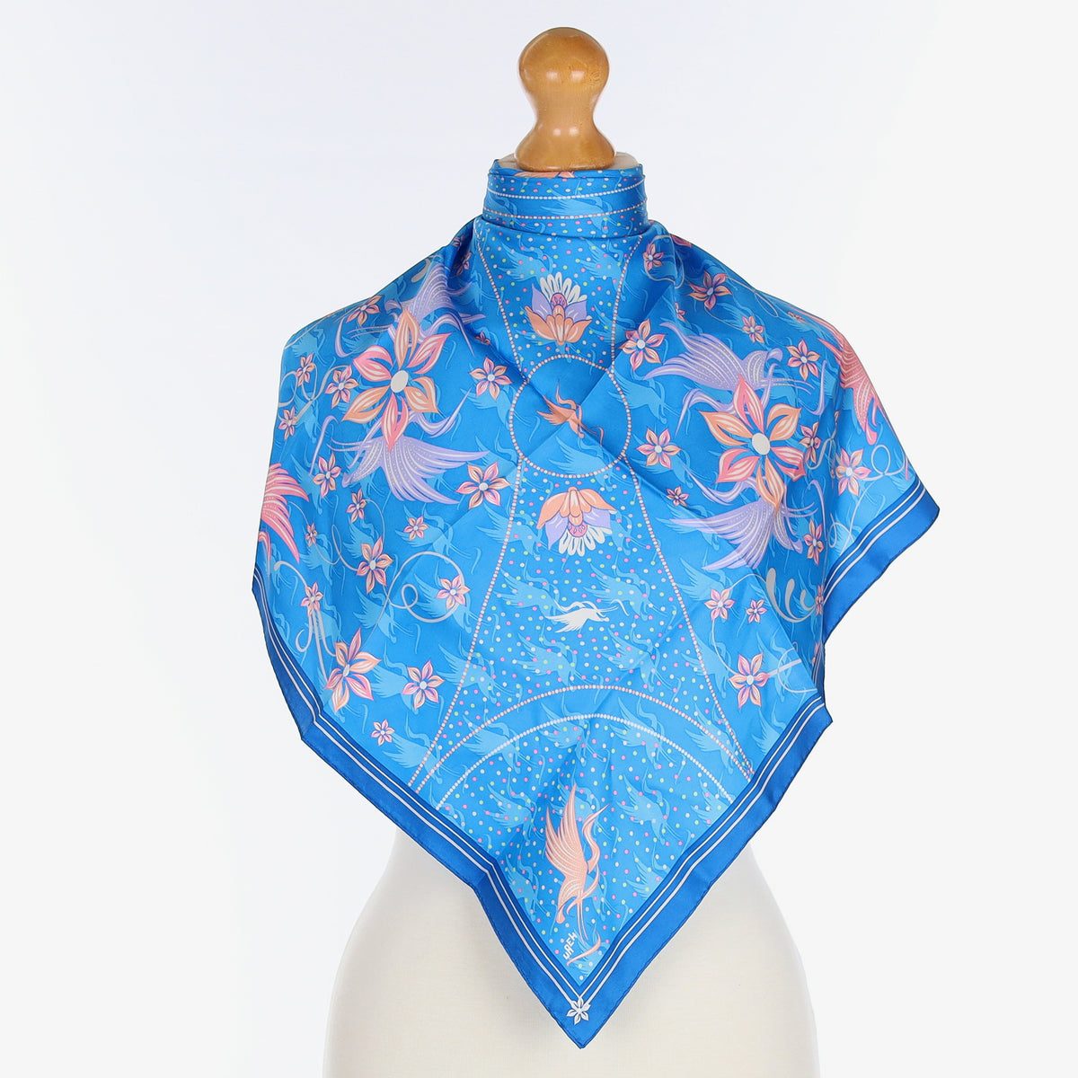 Pristine Blue and Coral Bird Design Silk Scarf