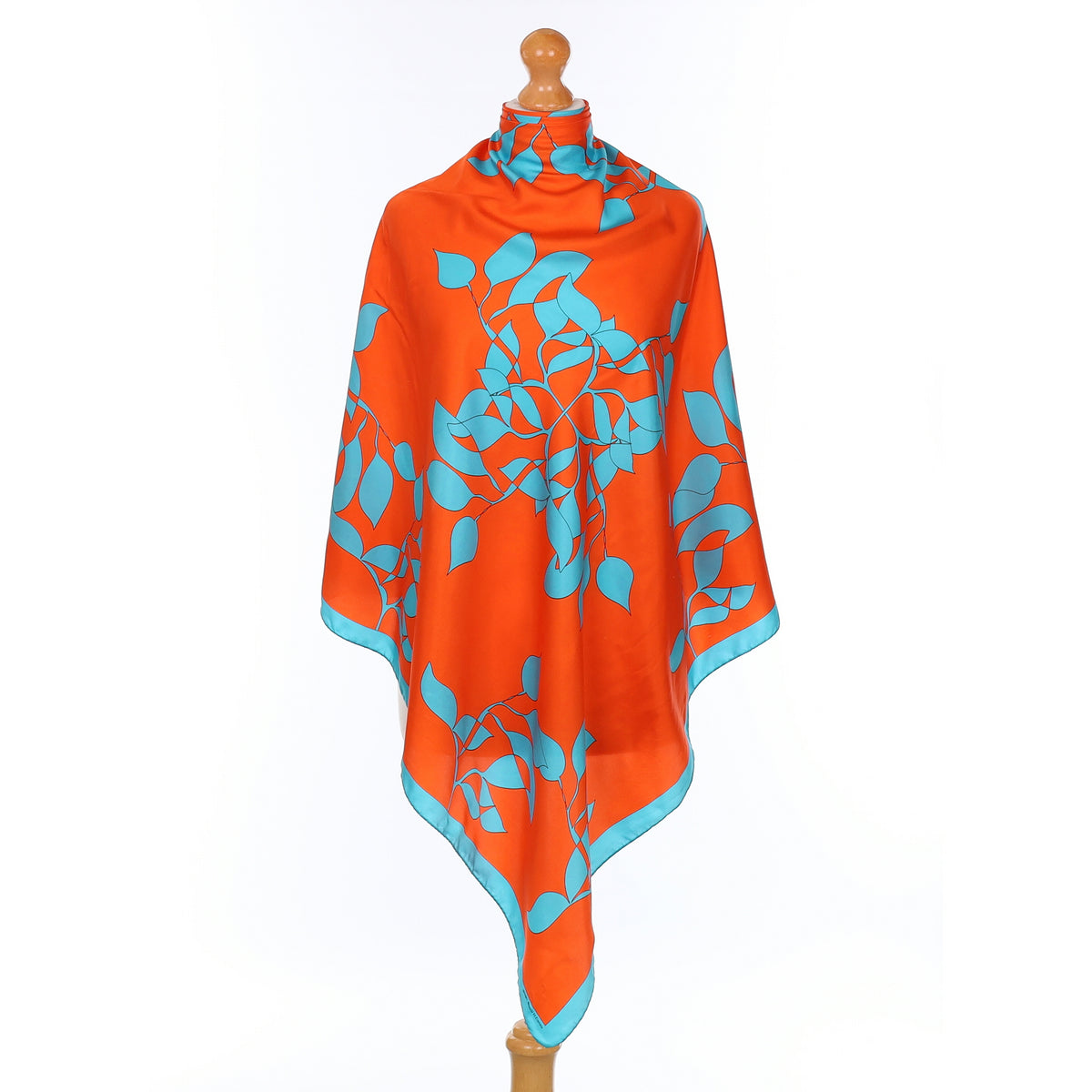 Vibrant Orange and Turquoise Leaf Design Silk Scarf