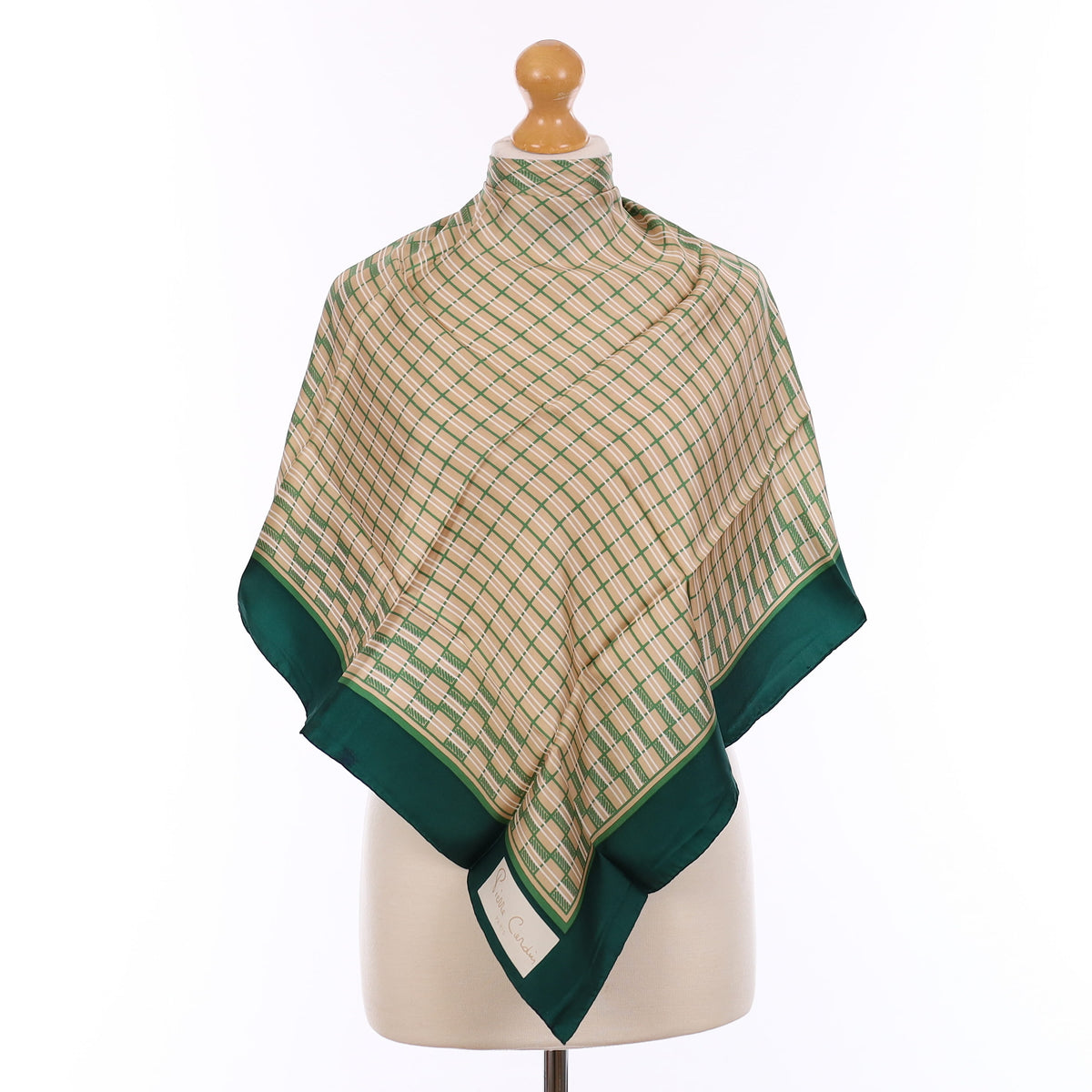 Brand New Boxed Pierre Cardin Green Check Vintage Silk Scarf