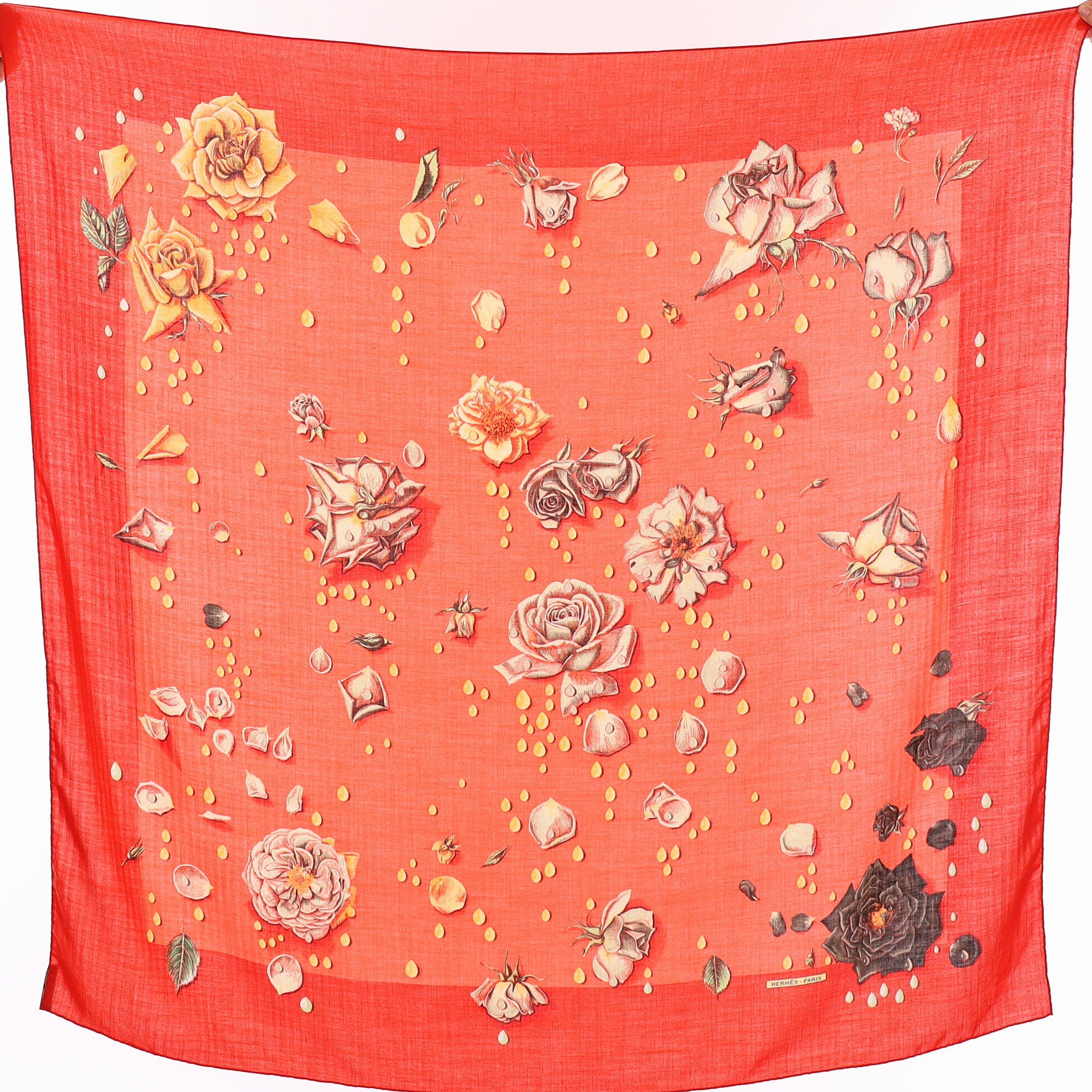 Pristine Hermès La Rosée Floral Cashmere and Silk Shawl