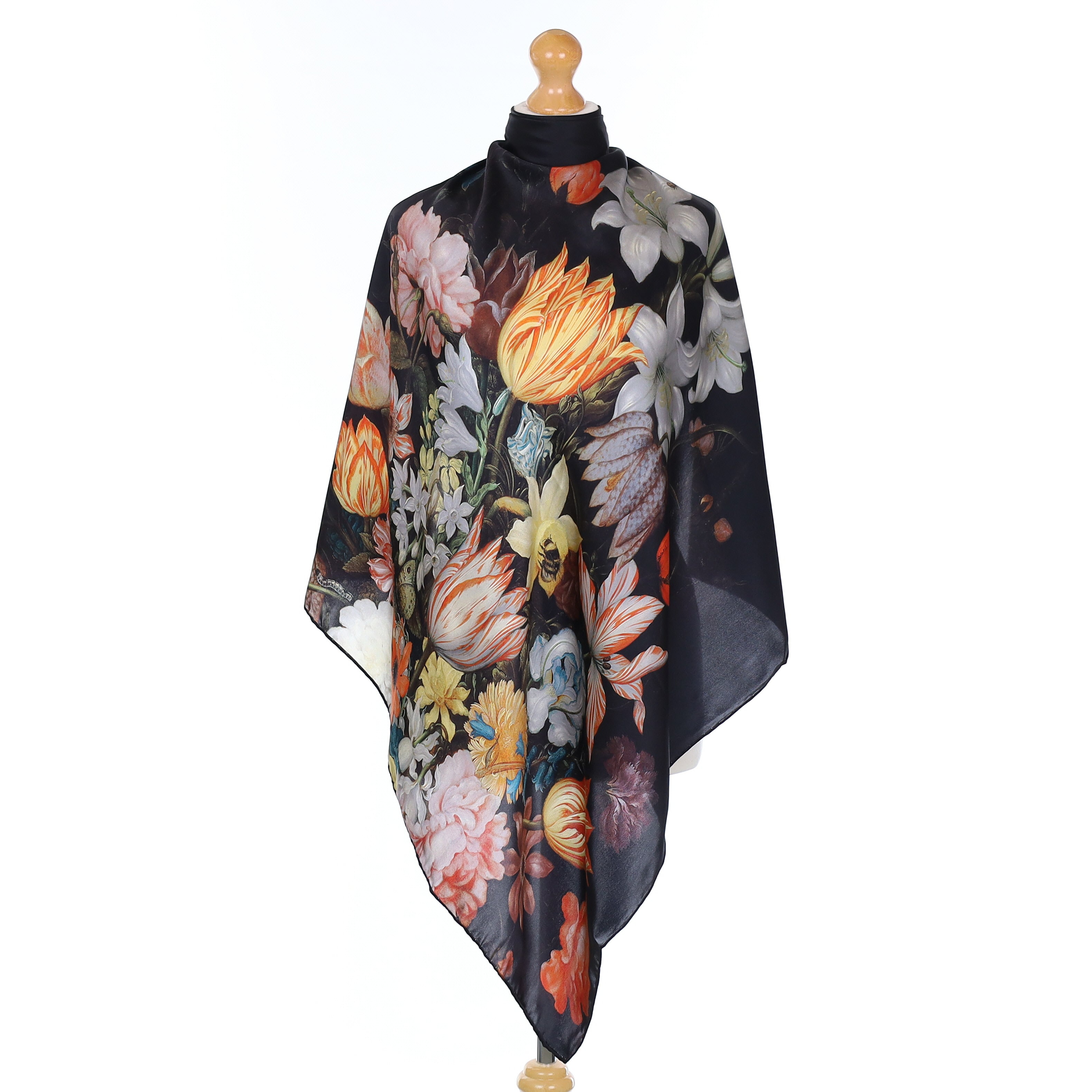 Pristine Beckford Silk Black and Orange Floral Silk Scarf