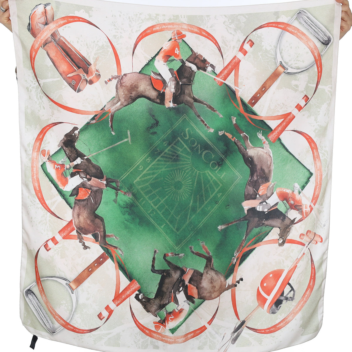 Green and Red Polo Design Silk Scarf