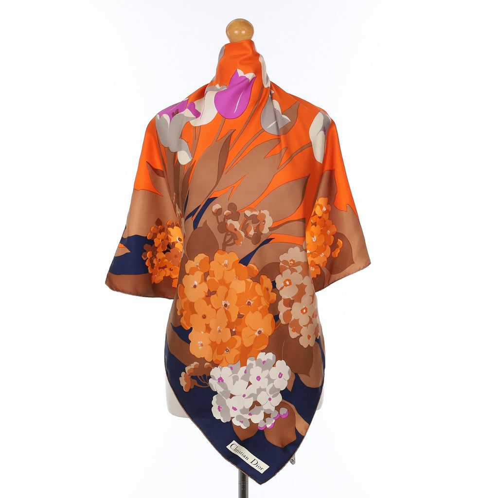 Christian Dior Orange and Brown Floral Silk Scarf