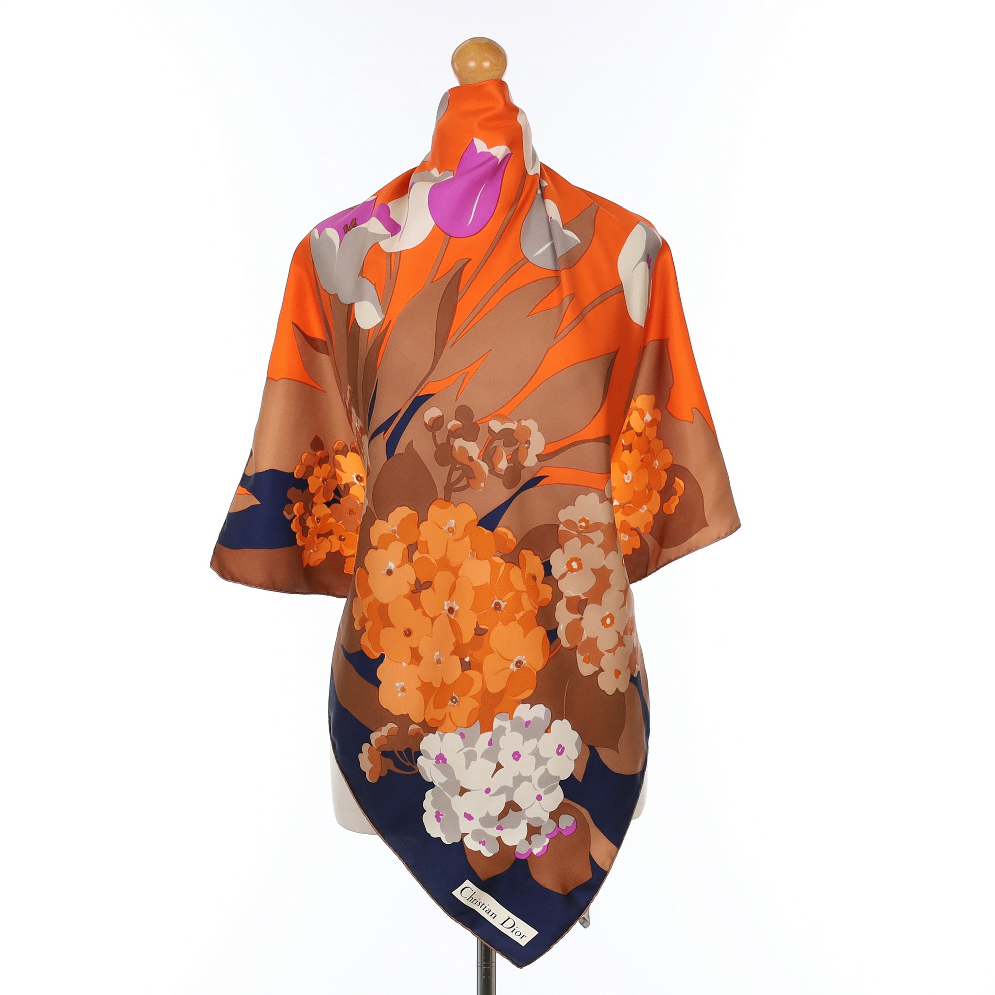 Christian Dior Orange and Brown Floral Silk Scarf