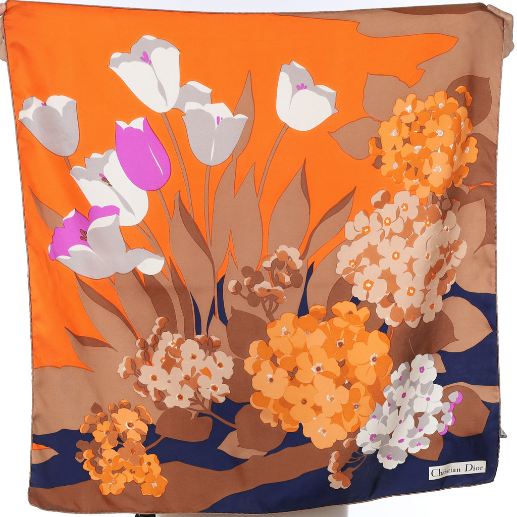 Christian Dior Orange and Brown Floral Silk Scarf