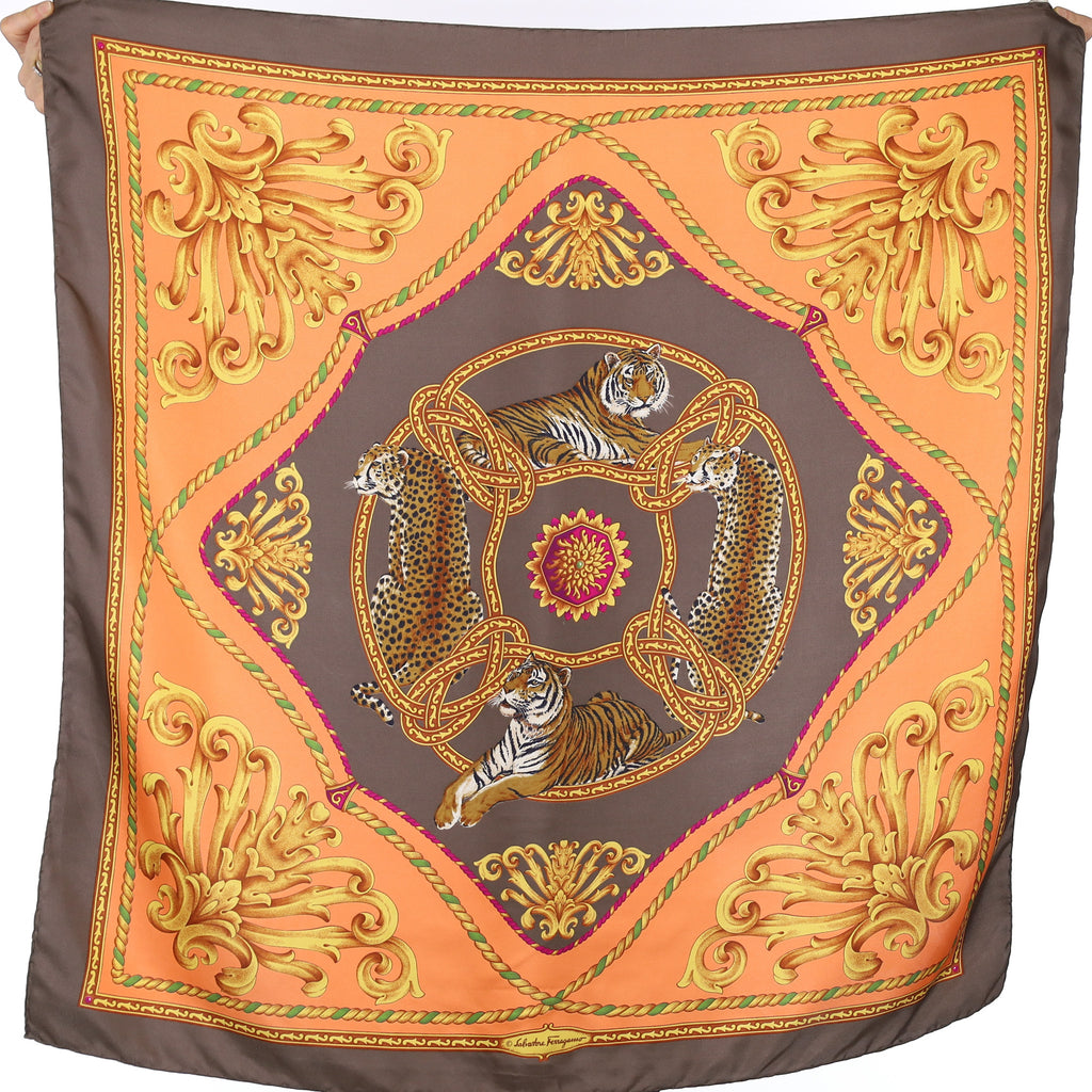 Salvatore Ferragamo Orange Tiger Silk Scarf