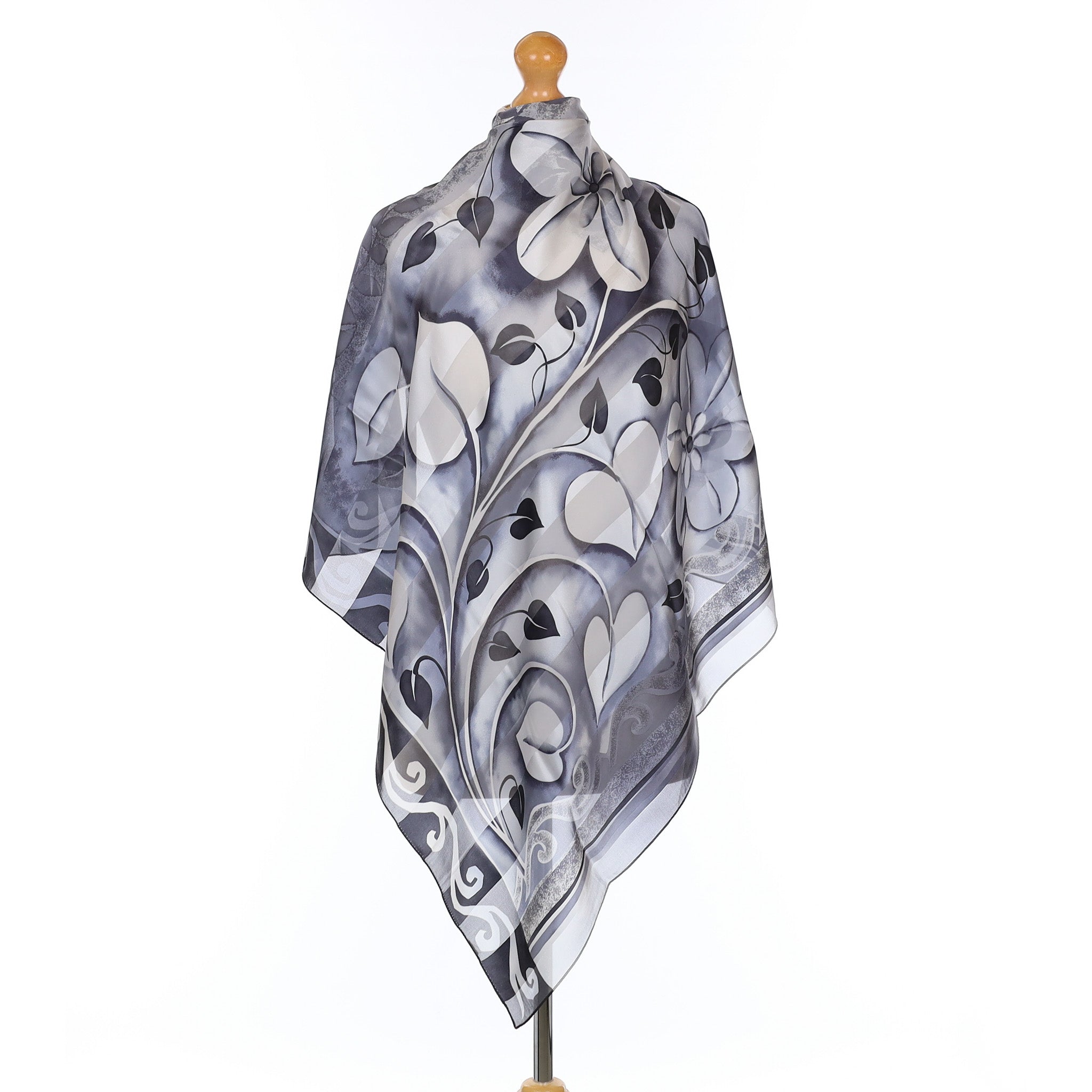 Monochrome Leaf Design Silk Scarf