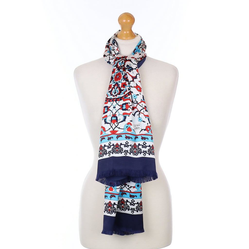 Red and Blue Floral Silk Scarf