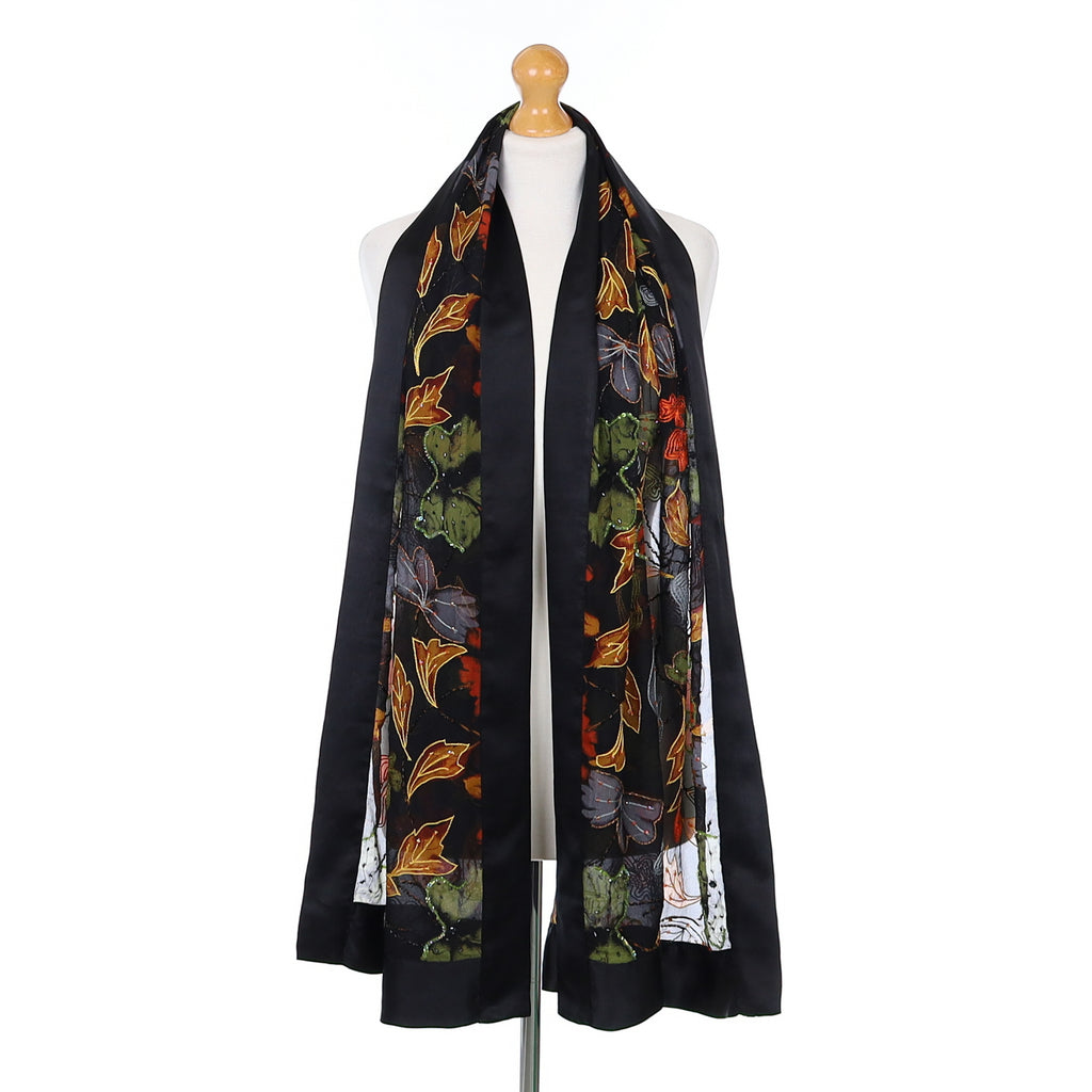 Colourful Leaf Embellished Silk Scarf