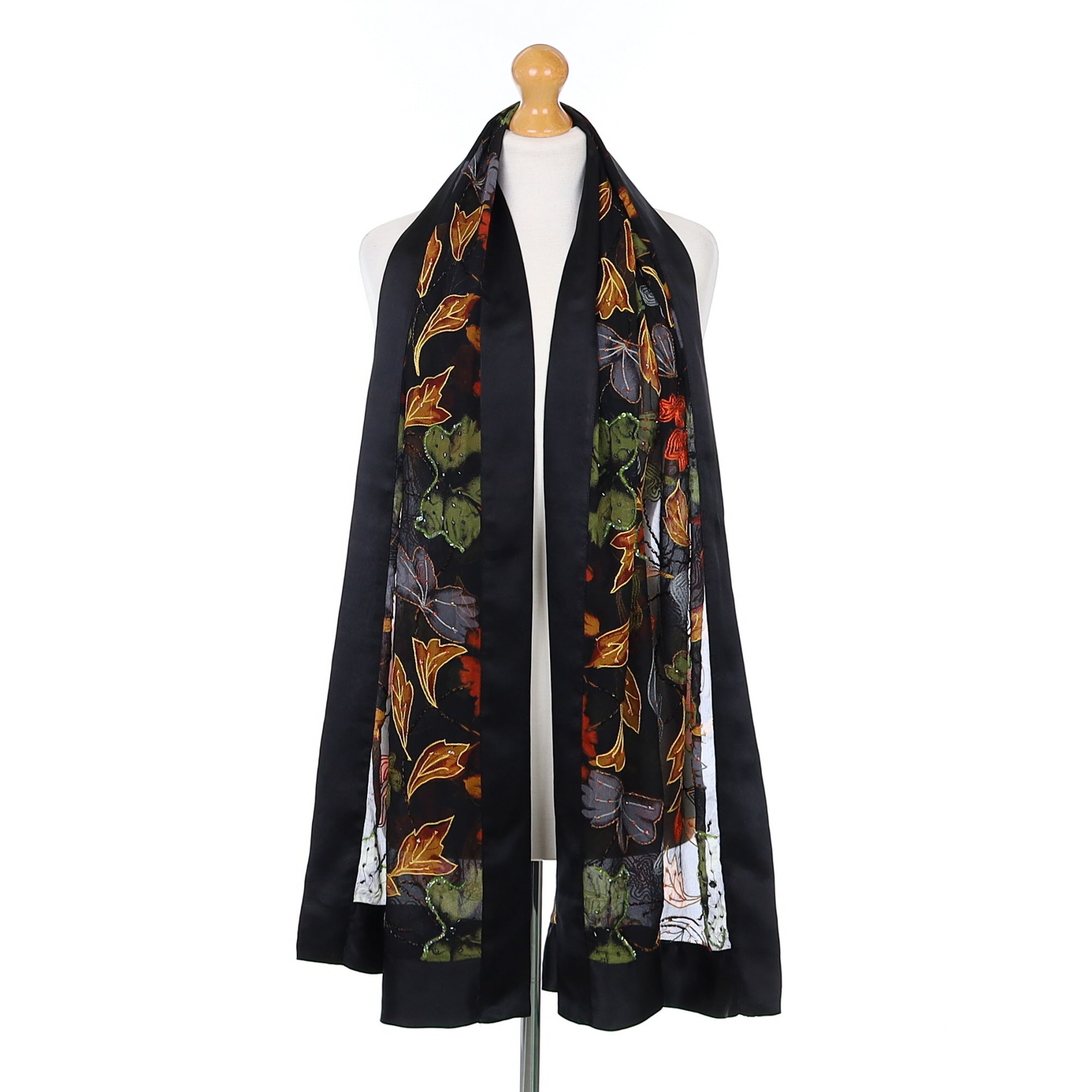 Colourful Leaf Embellished Silk Scarf
