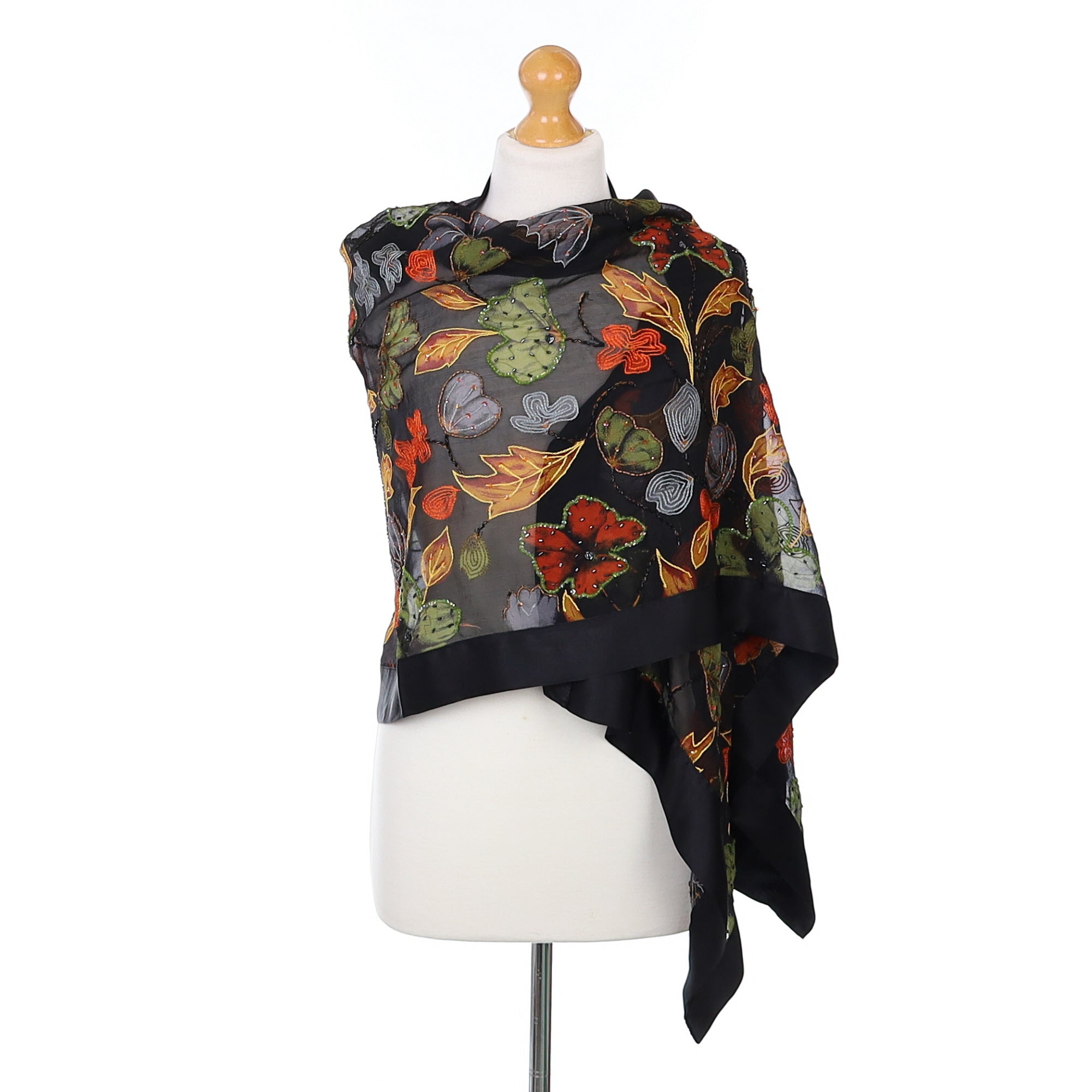 Colourful Leaf Embellished Silk Scarf