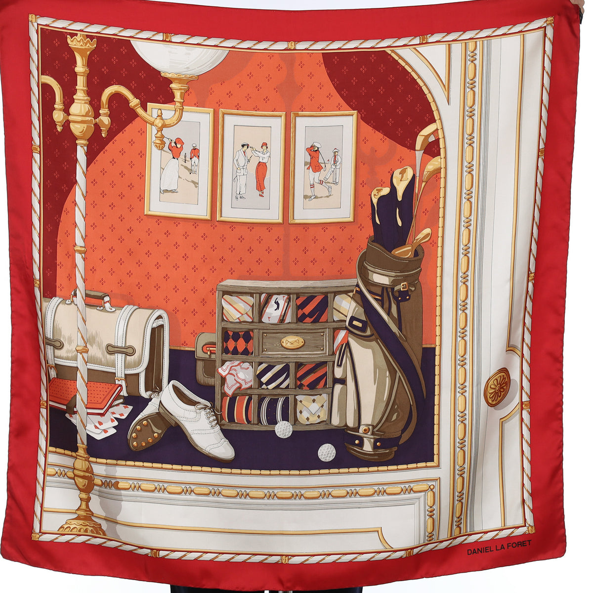 Daniel La Foret Red and Orange Golf Image Silk Scarf