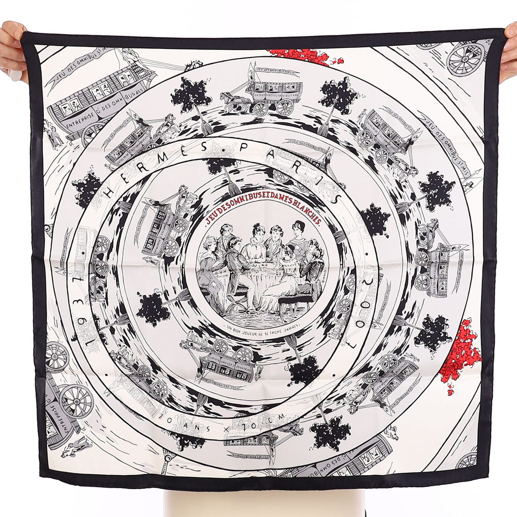 Pristine Boxed Hermès 70 Jeu des Omnibus et Dames Blanches Silk Scarf