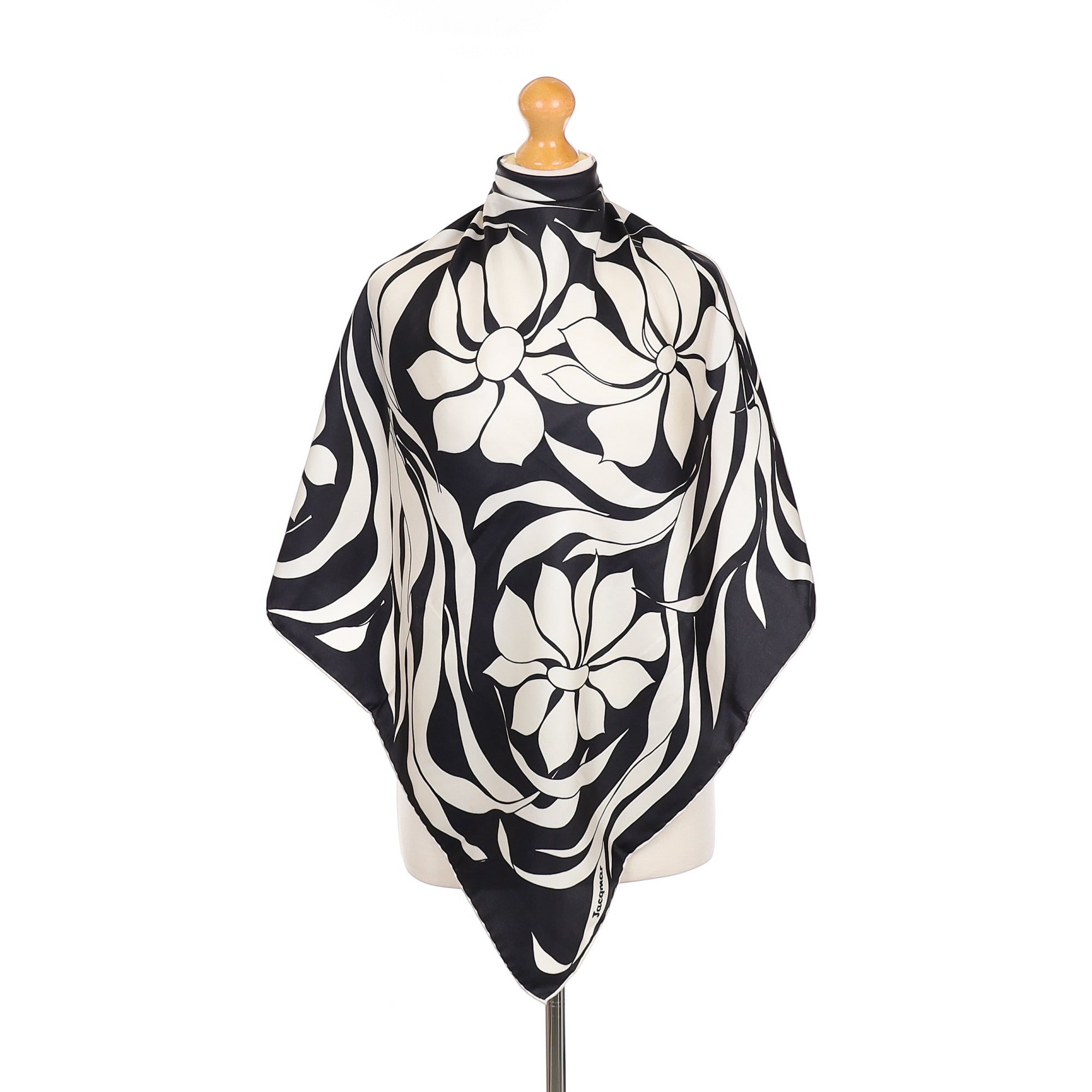 Jacqmar Black and White Floral Design Silk Scarf