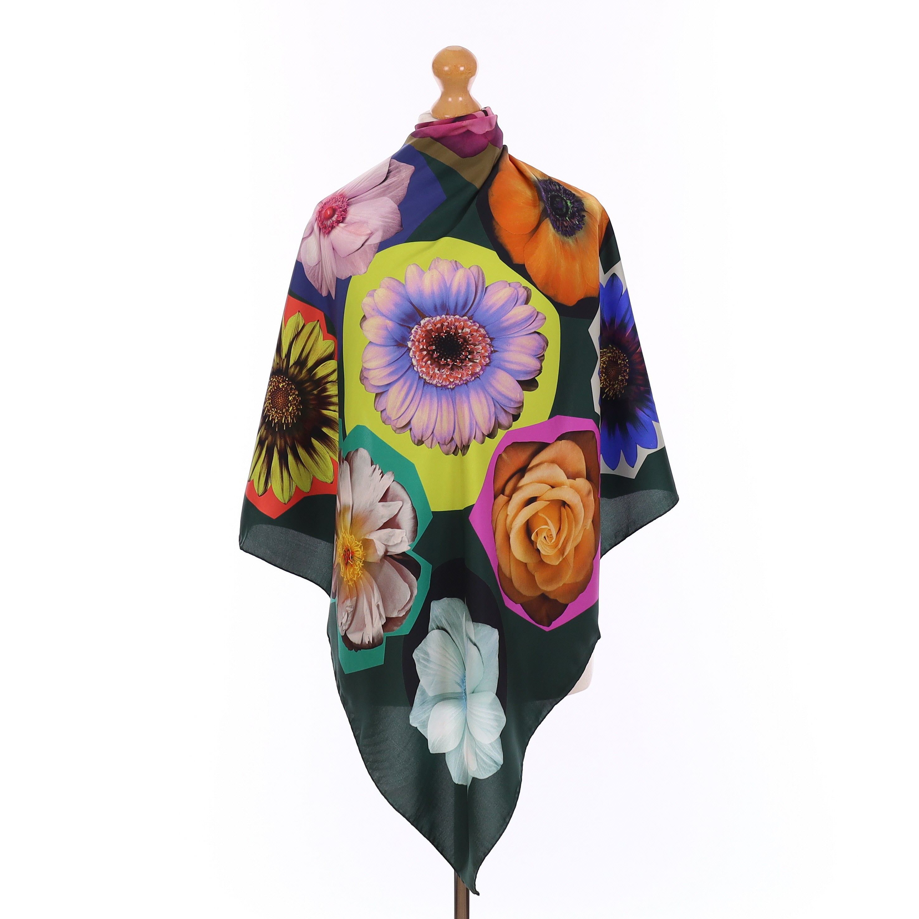 Brand New Italian Bottle Green Macro Flower Design Silk Scarf