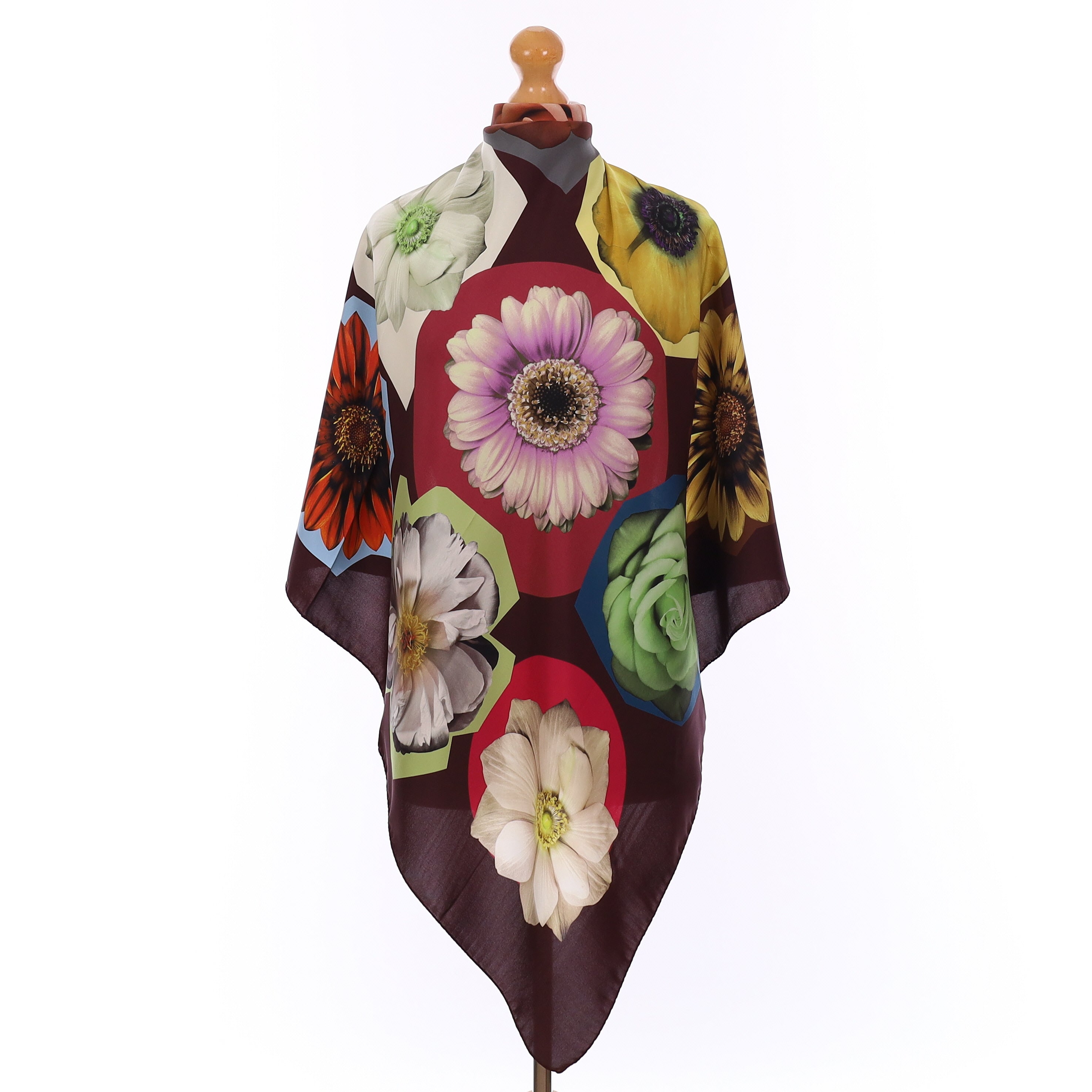 Brand New Italian Aubergine Purple Macro Flower Design Silk Scarf