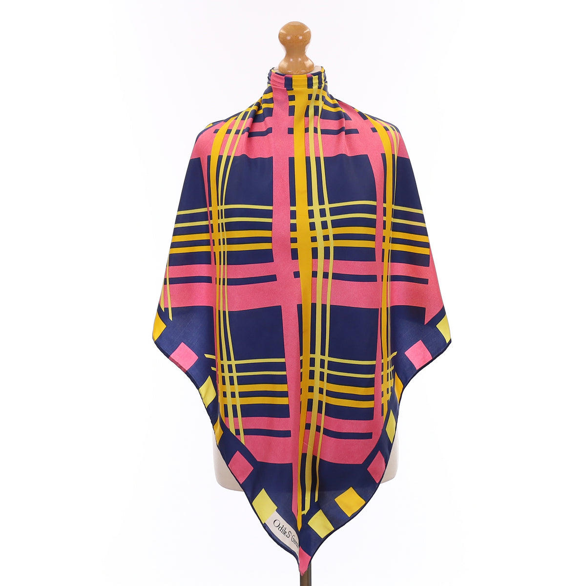 1970's Blue and Pink Plaid Vintage Silk Scarf