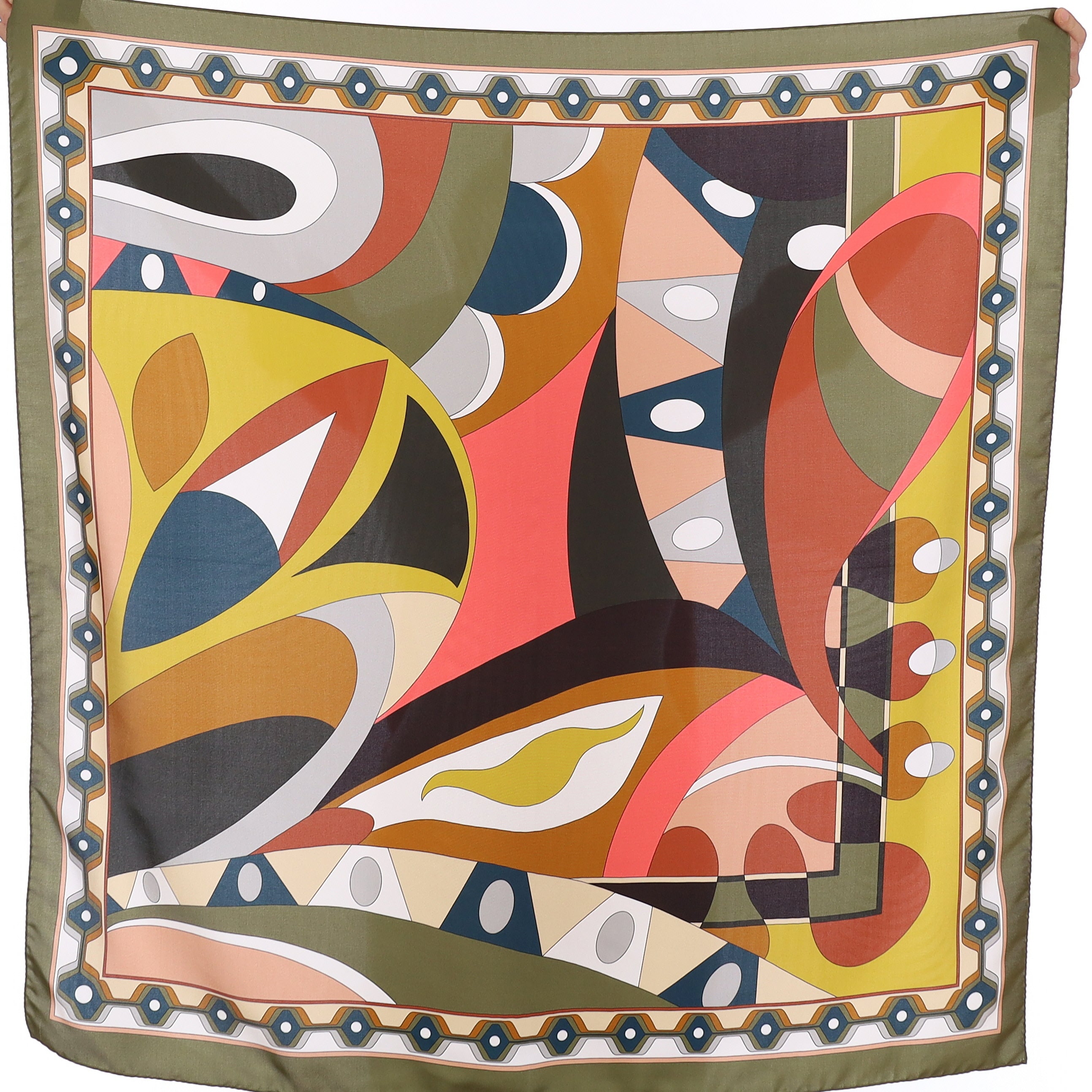 Brand New Italian Olive Green Swirl Design Silk Scarf