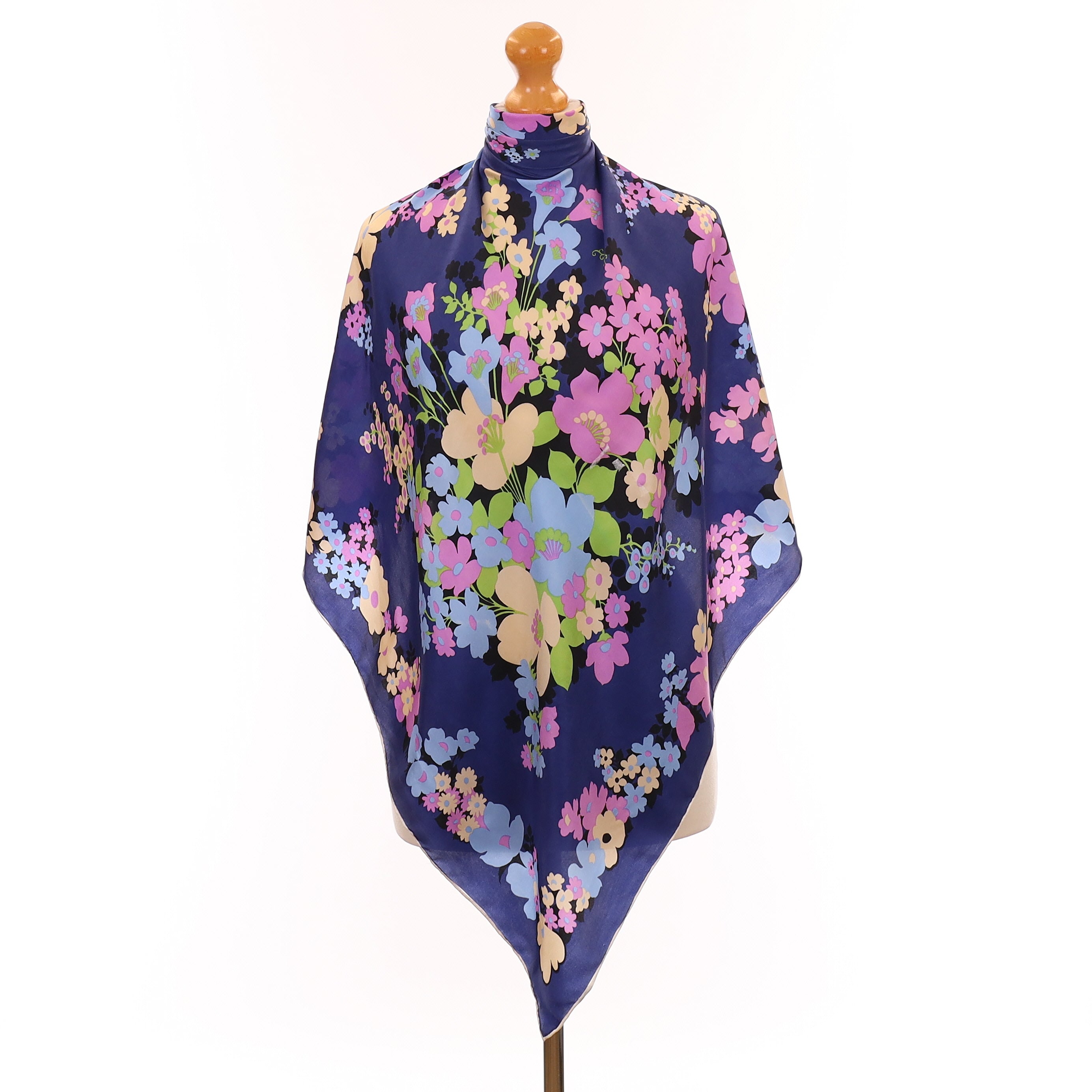 1970's Blue Floral Vintage Silk Scarf