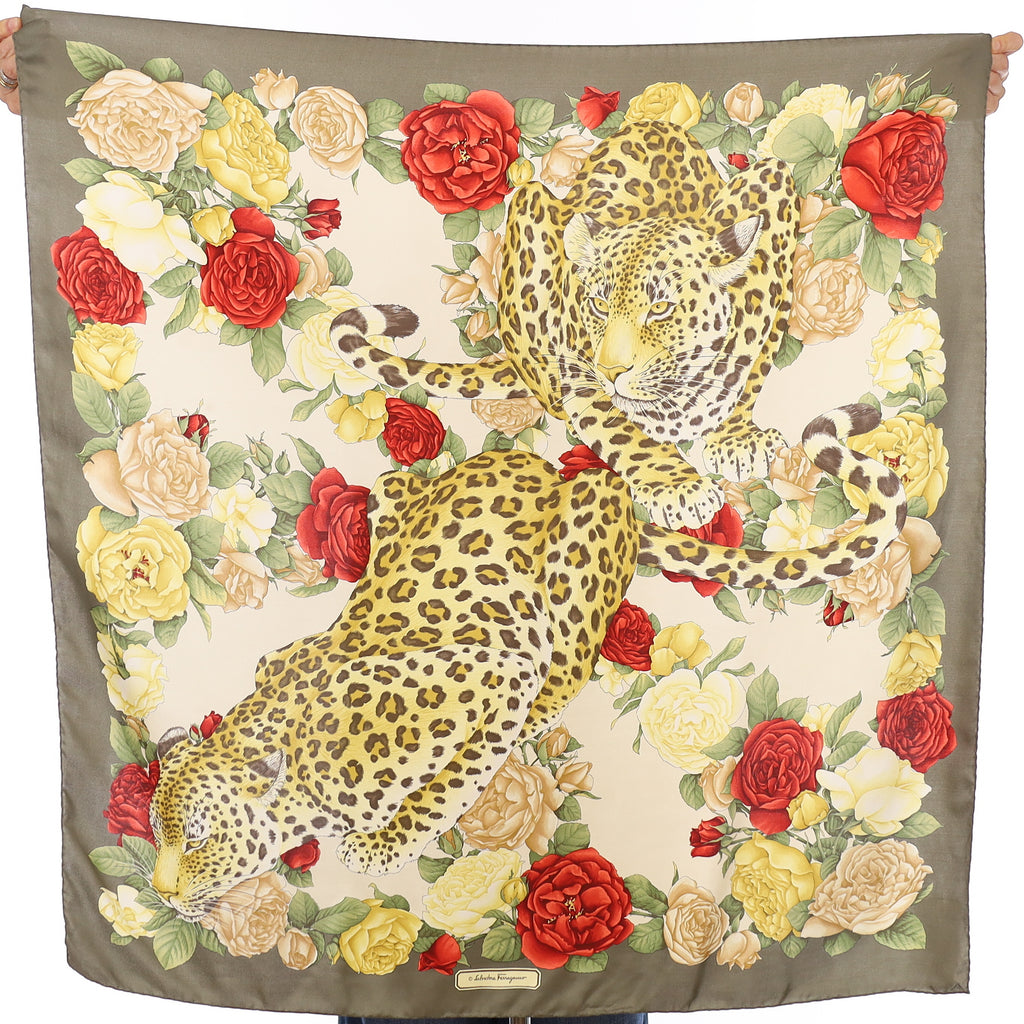 Salvatore Ferragamo Leopards and Roses Vintage Silk Scarf