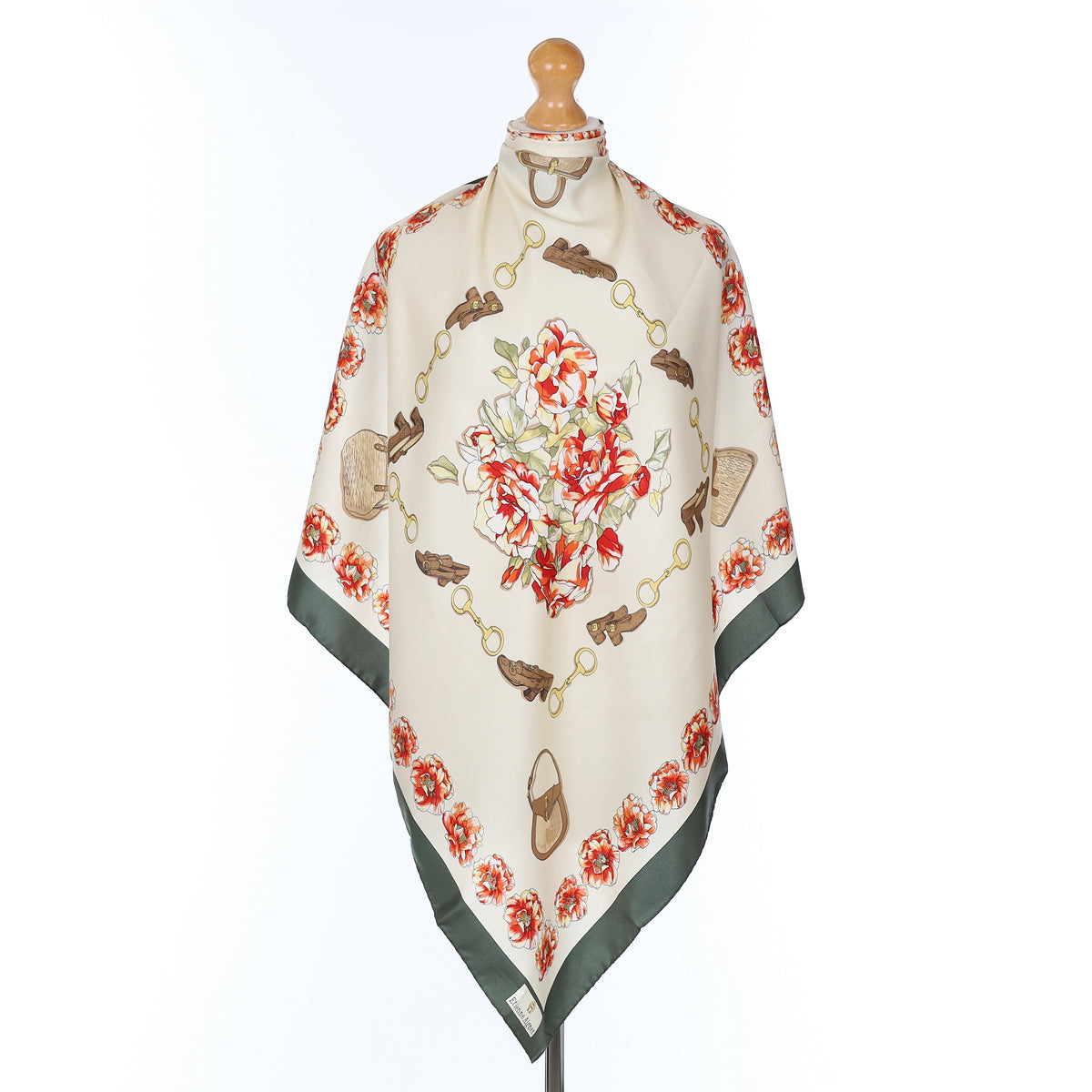 Etienne Aigner Cream, Green and Red Silk Scarf