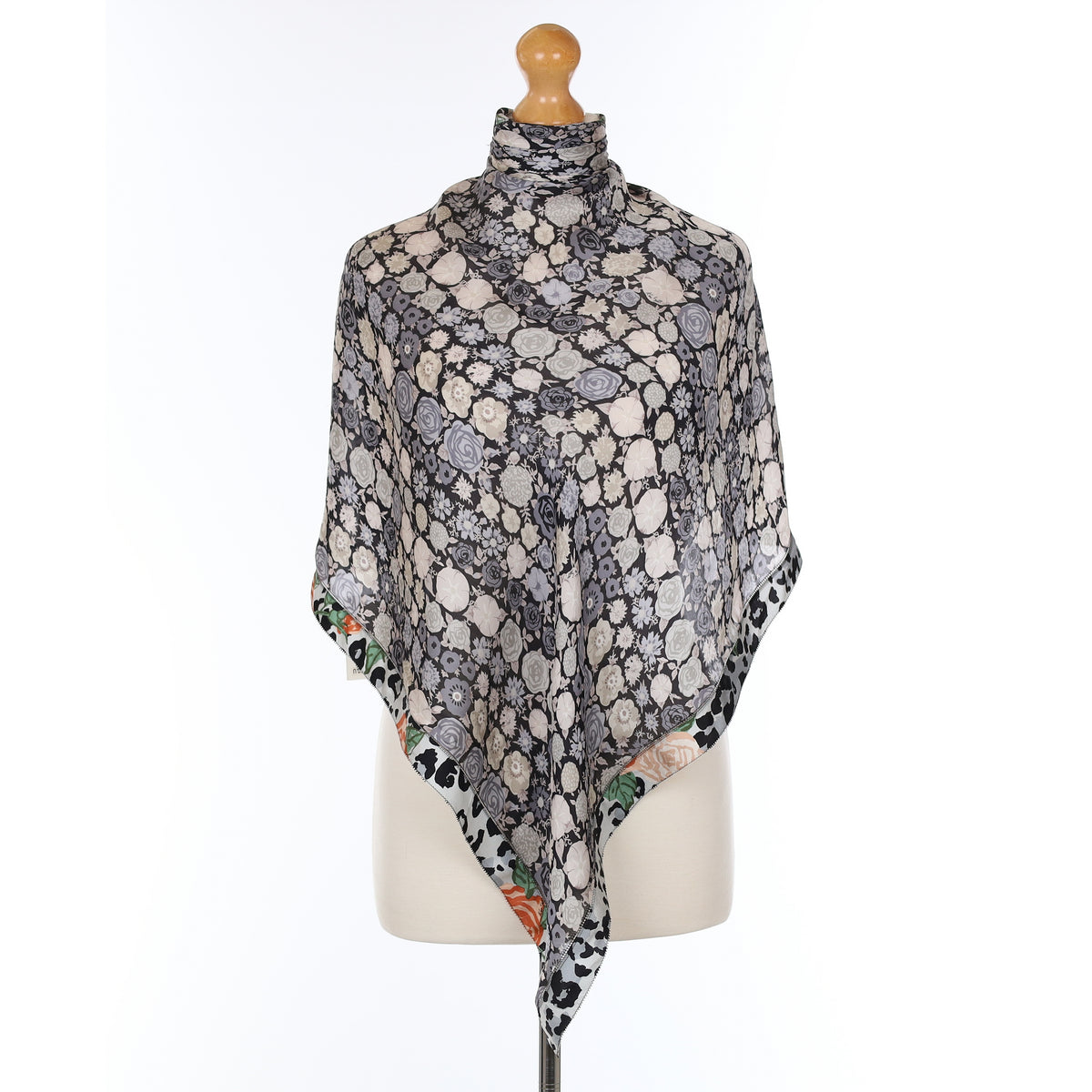 Brand New Ken Scott Grey Floral Silk Scarf