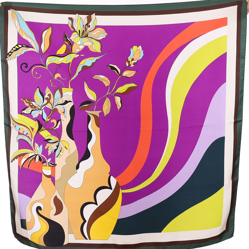 Brand New Italian Purple Contemporary Vase Design Silk Scarf