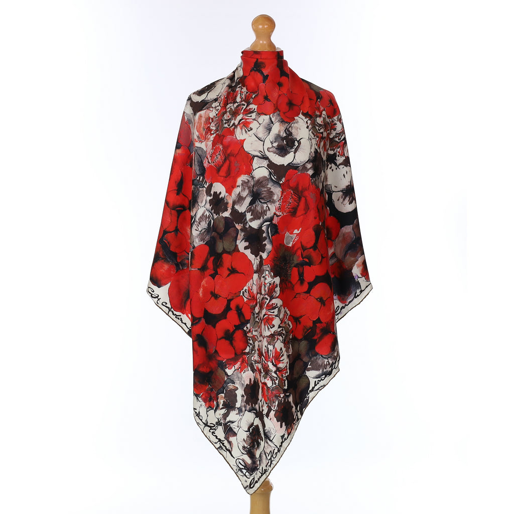 Pristine Carolina Herrera Red and Black Floral Silk Scarf