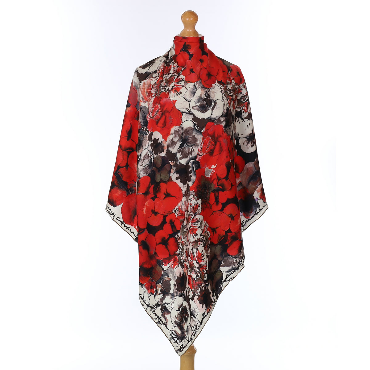 Pristine Carolina Herrera Red and Black Floral Silk Scarf