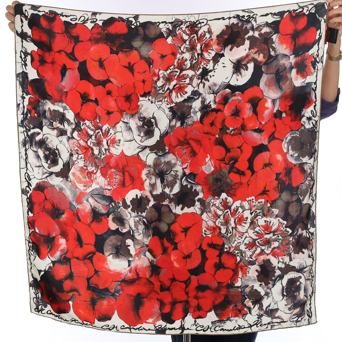 Pristine Carolina Herrera Red and Black Floral Silk Scarf