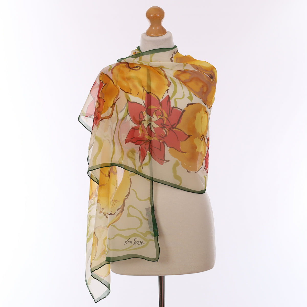 Ken Scott Orange & Red Floral Vintage Silk Wrap