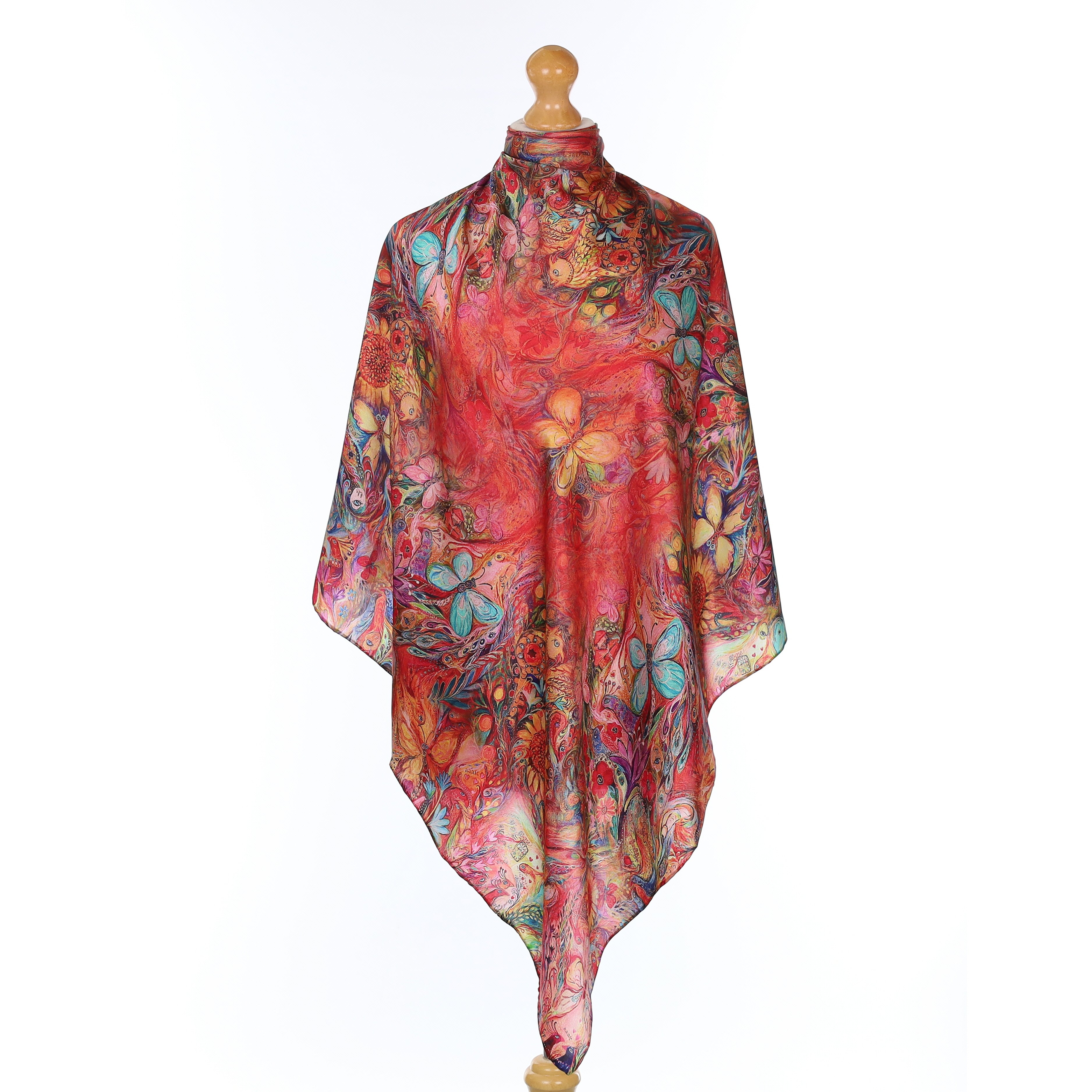 Red Peacock Pattern Satin Silk Scarf