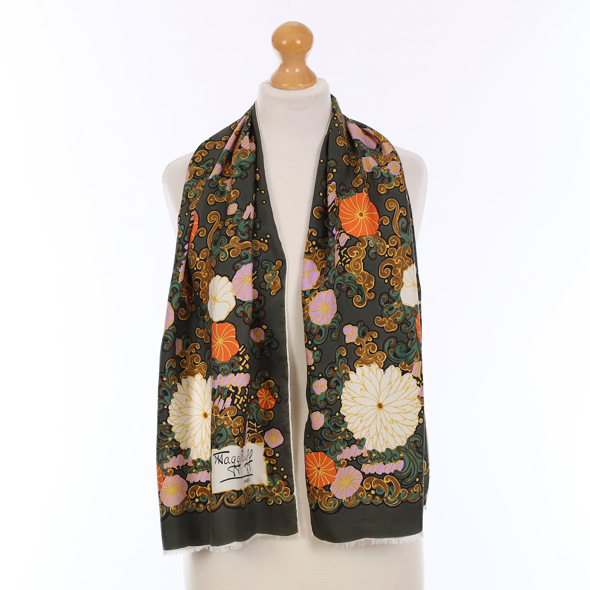 Maggy Rouff Deep Green Floral Vintage Silk Scarf