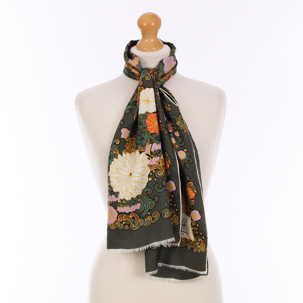 Maggy Rouff Deep Green Floral Vintage Silk Scarf