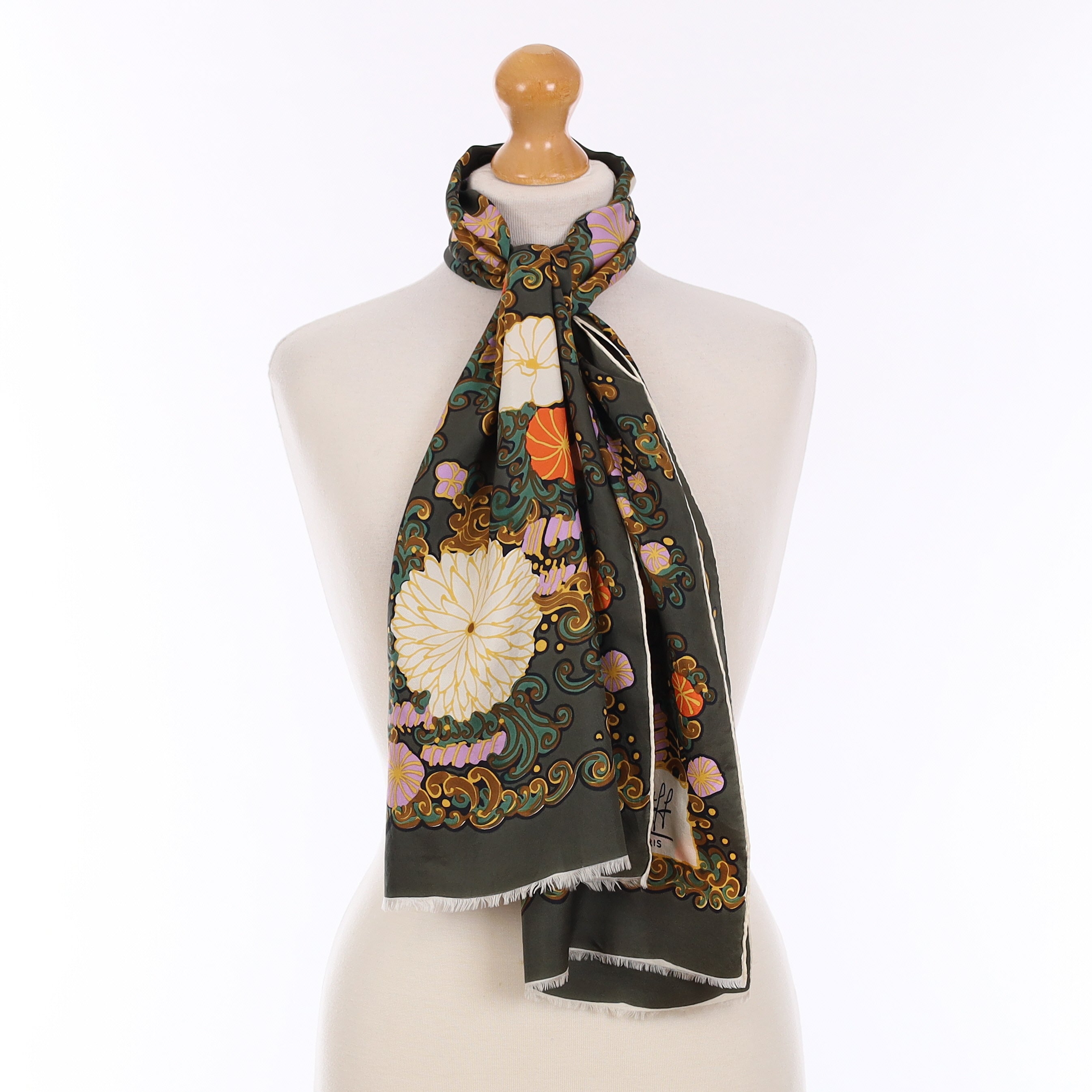 Maggy Rouff Deep Green Floral Vintage Silk Scarf