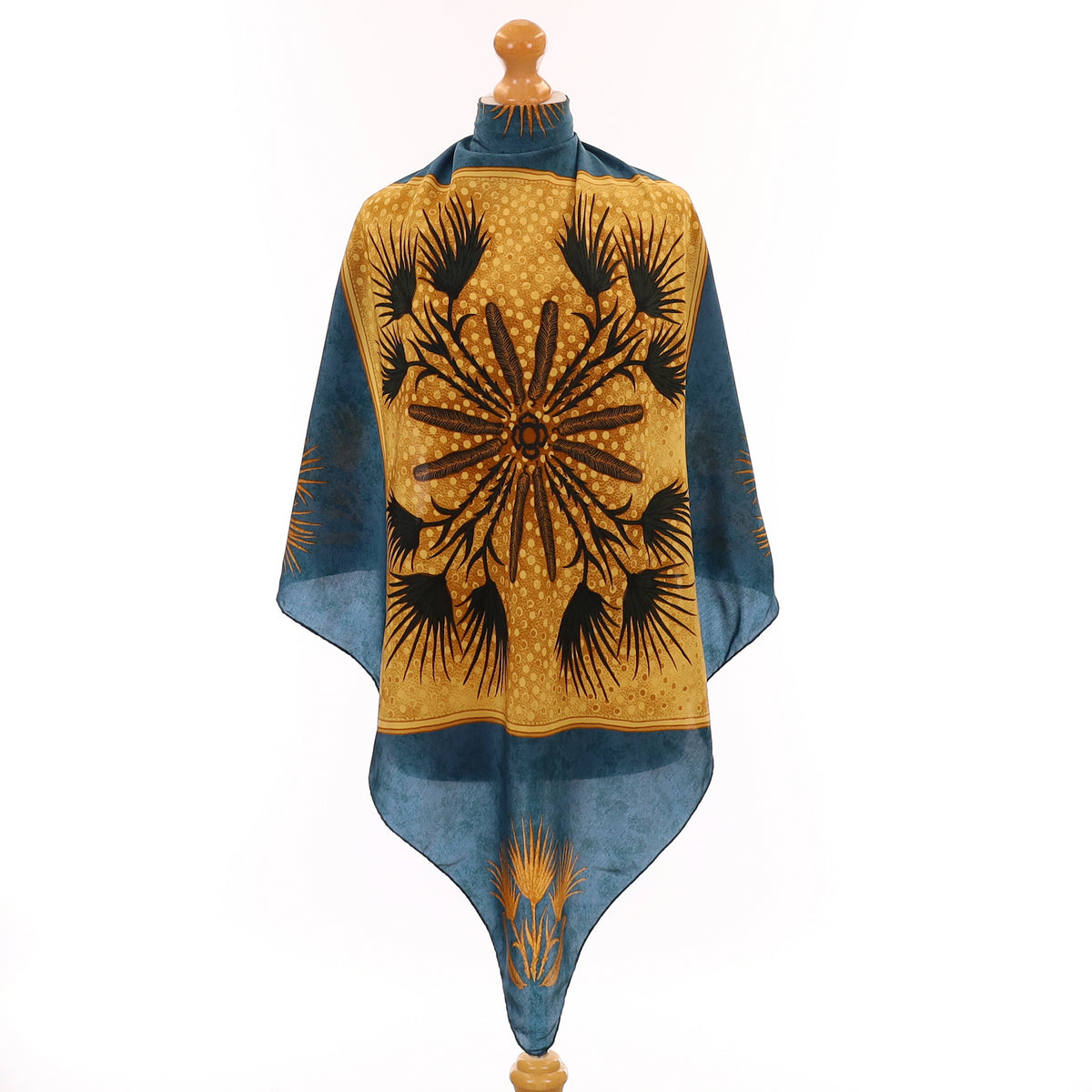 Blue and Gold Botanical Silk Scarf
