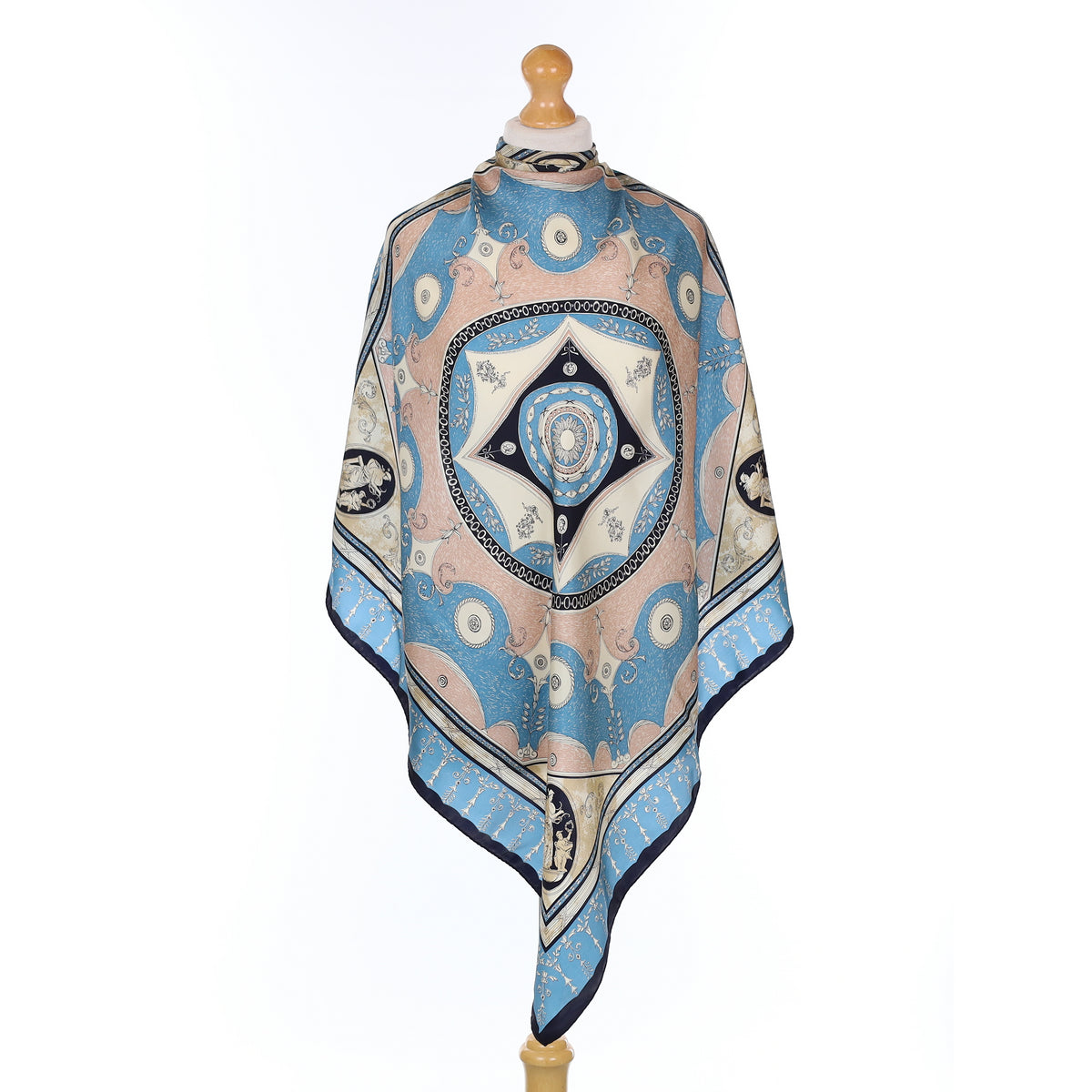 Blue and Nude Patterned Vintage Silk Scarf